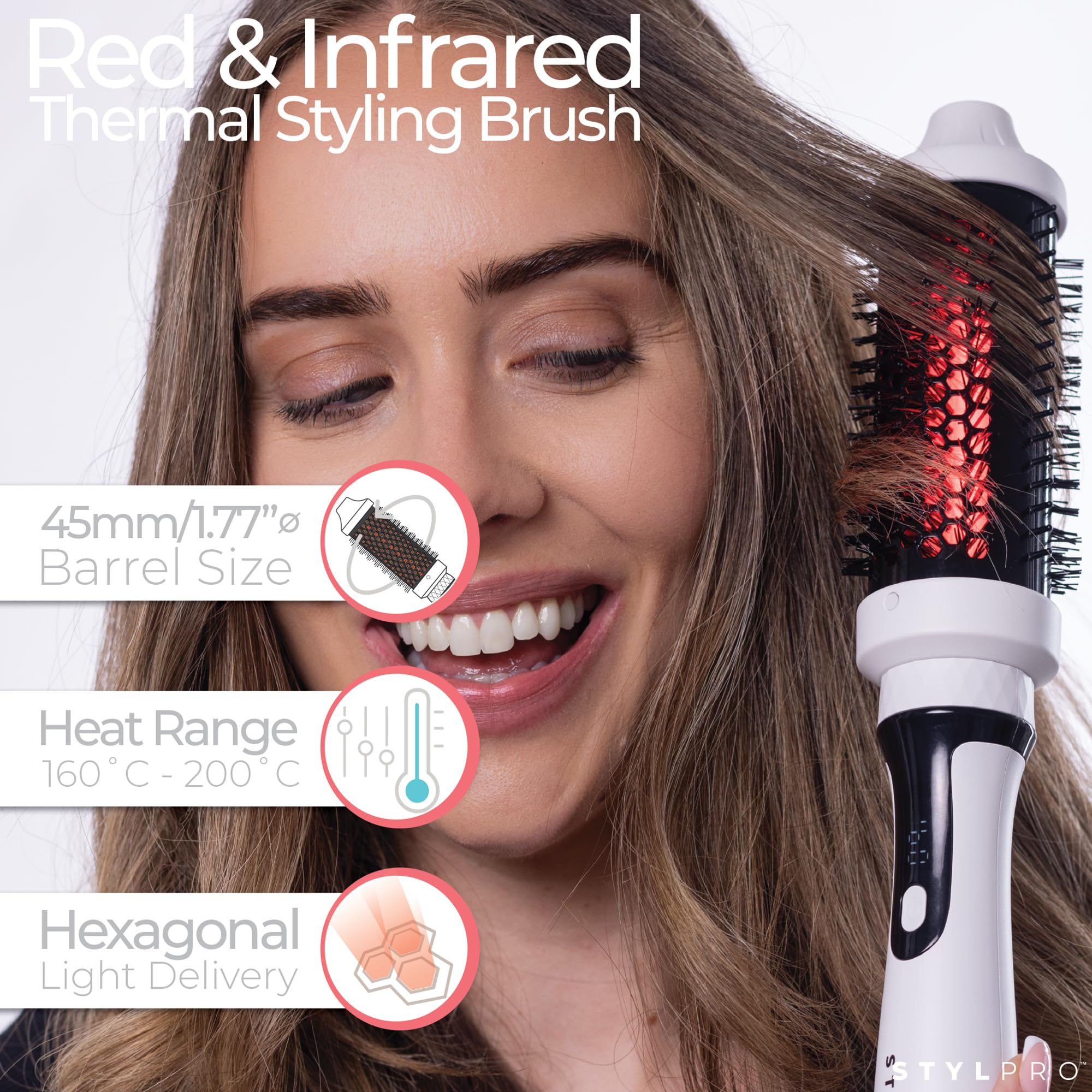 STYLPRO Szczotka termiczna z czerwonymi diodami LED bliskiej podczerwieni – 58 NIR + 84 czerwone diody LED, ceramiczna beczka, regulowane ciepło, lekka szczotka do wydmuchiwania i zwijania do