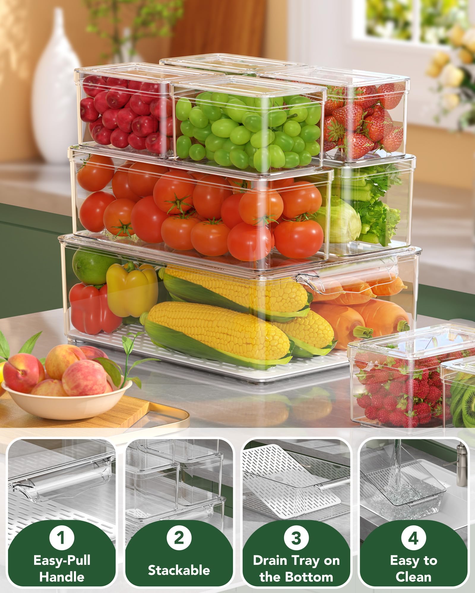 KEMETHY Paquete de 11 contenedores organizadores de tereftalato de polietileno transparente (PET), contenedores de almacenamiento de frutas sin BPA para refrigerador
