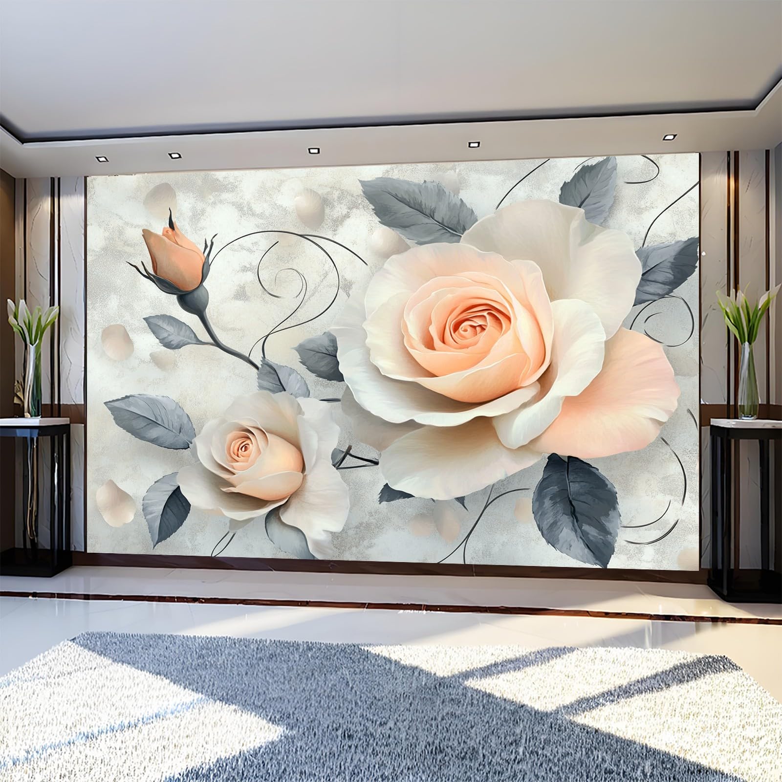 Fototapete Vintage-Rosen Vliestapete 400 x 280 cm gräulich-weiß 3D Effekt Wandbild Moderne Wandtapete für Schlafzimmer Wohnzimmer