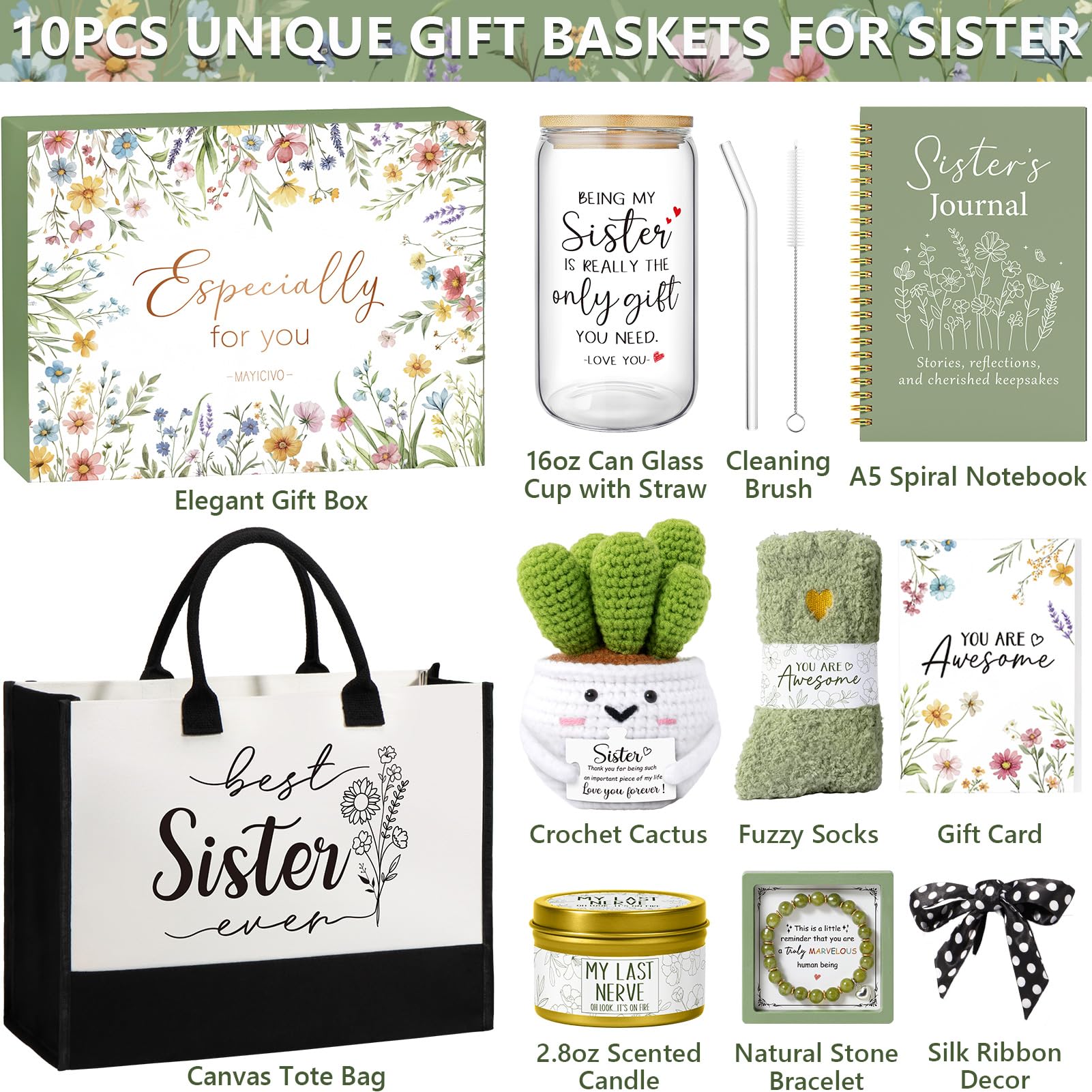 Regalos para mejores hermanas de hermana, regalos de cumpleaños para el día de la madre, regalo de hermano, divertida cuñada, cesta de regalo única para mejores amigas, con bolsa de lona de vidrio de