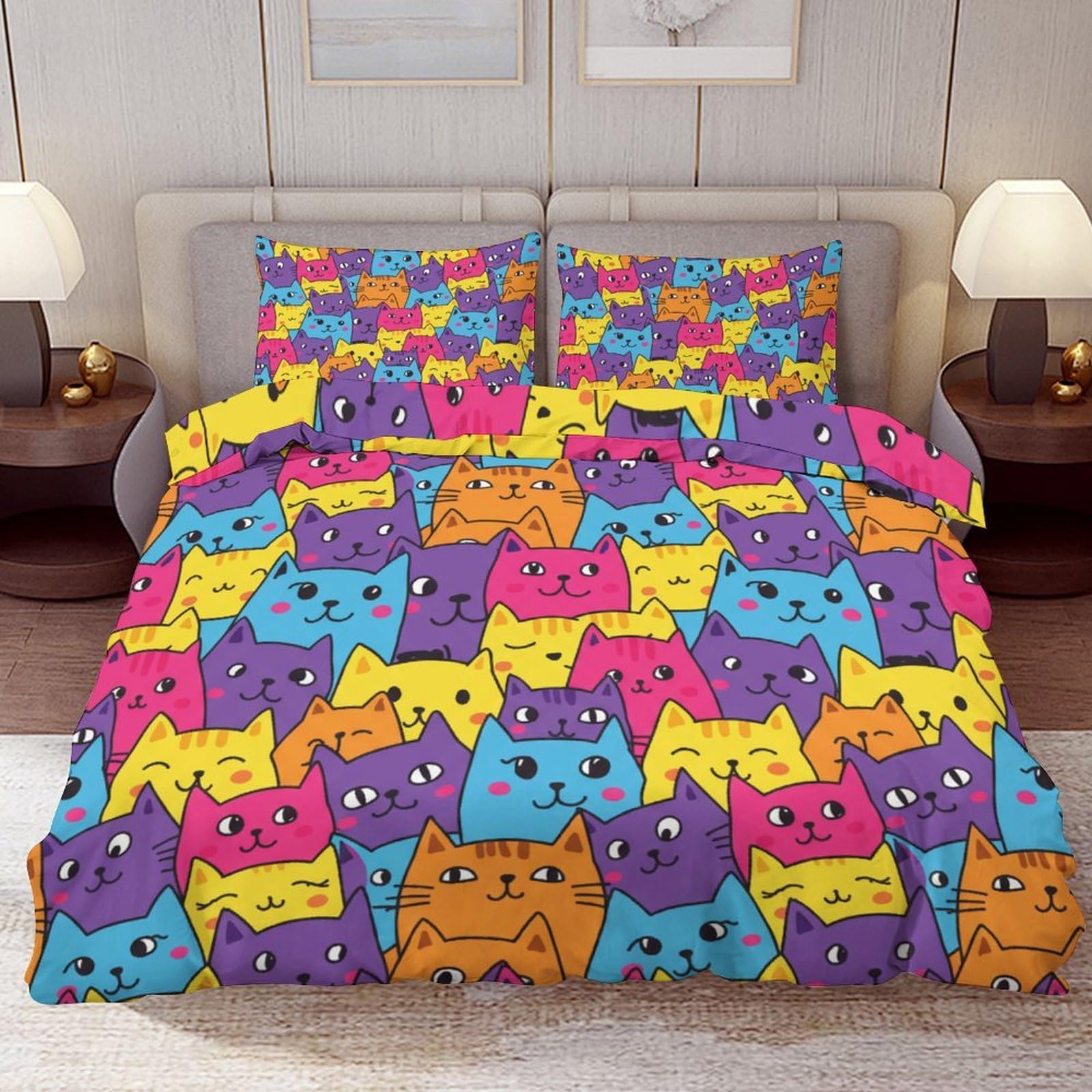 Delerain Comforter Cover Set King Size, Colorful Cartoon Cat 3-Piece Bedding Set for Women Men Modern Soft Microfiber Bedroom Set Room Decor, 1 Duvet Cover + 2 Pillowcases
