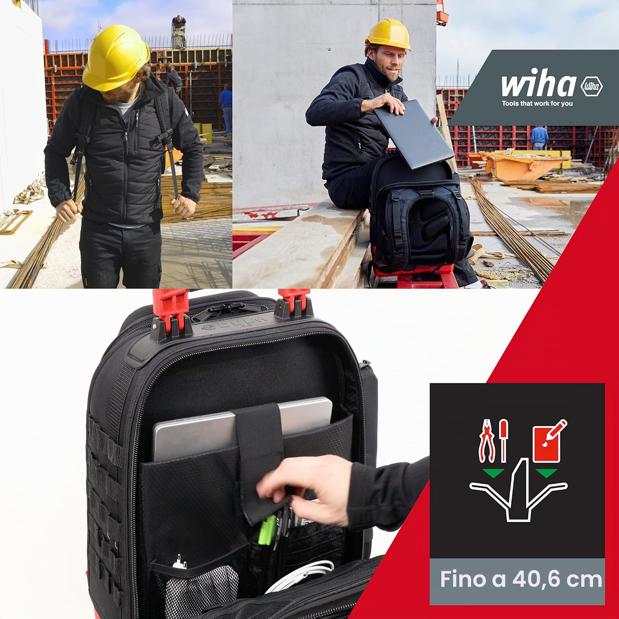 Wiha Zaino meccanico, 43 pezzi, con dotazione di base meccanica, fondo stabile, con scomparto per laptop, tasche per accessori (45529)