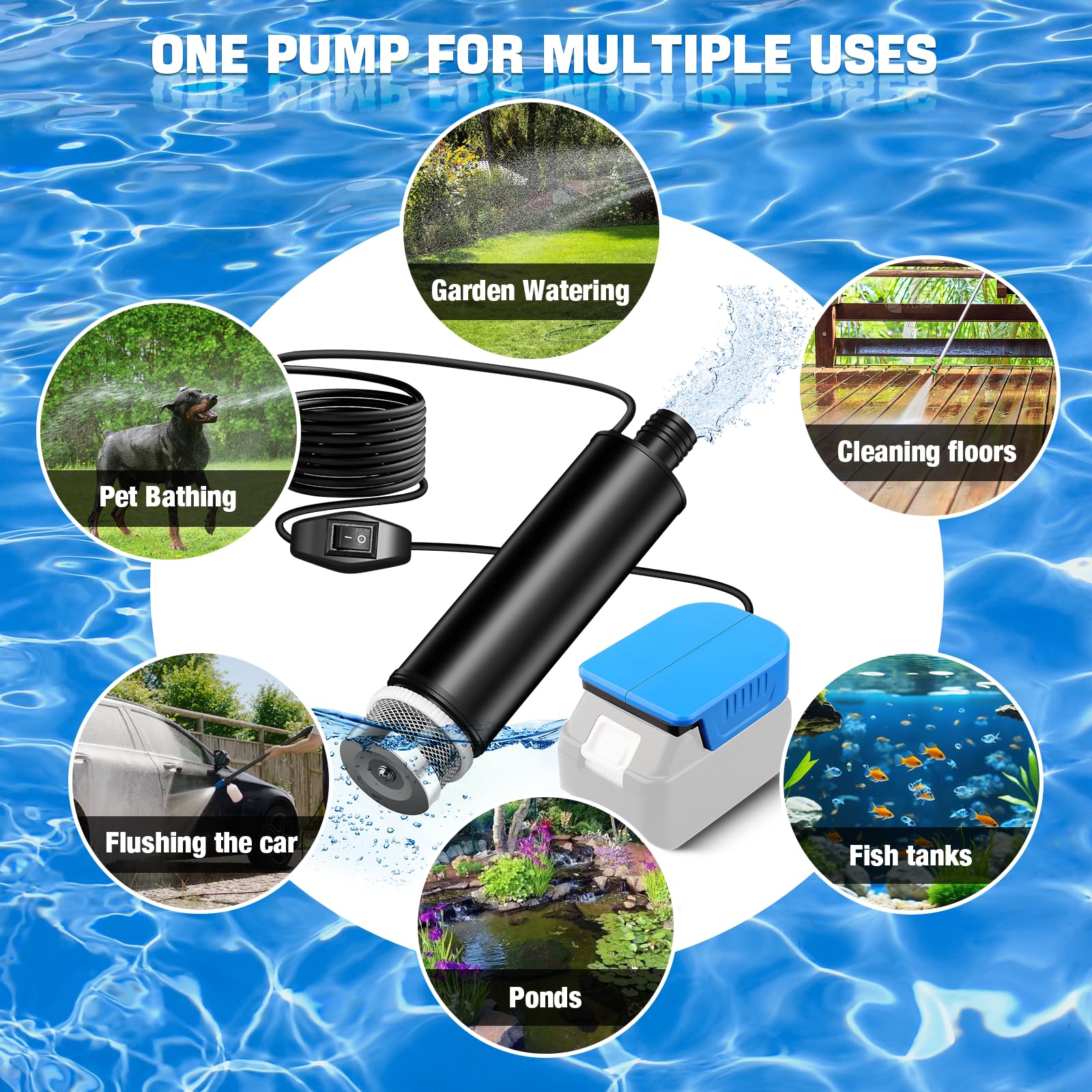 Tragbare Wasserpumpe Sumpfpumpe Kompatibel mit Bosch GBA 18V Akku，Leerlaufdrehzahl des Motors 4500 U/min Durchfluss 30 l/min，Lift 15FT 120W angetriebene Wasserpumpe für Garten, Camping, Kiddie Pool