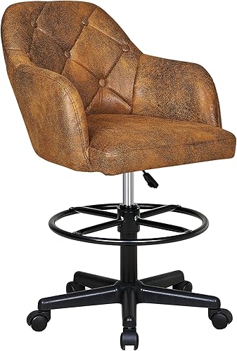 Miniatura 11 de VECELO Silla de dibujo de piel sintética con respaldo bajo y reposapiés, altura ajustable, ruedas giratorias, para dibujo/escritorio de pie/oficina