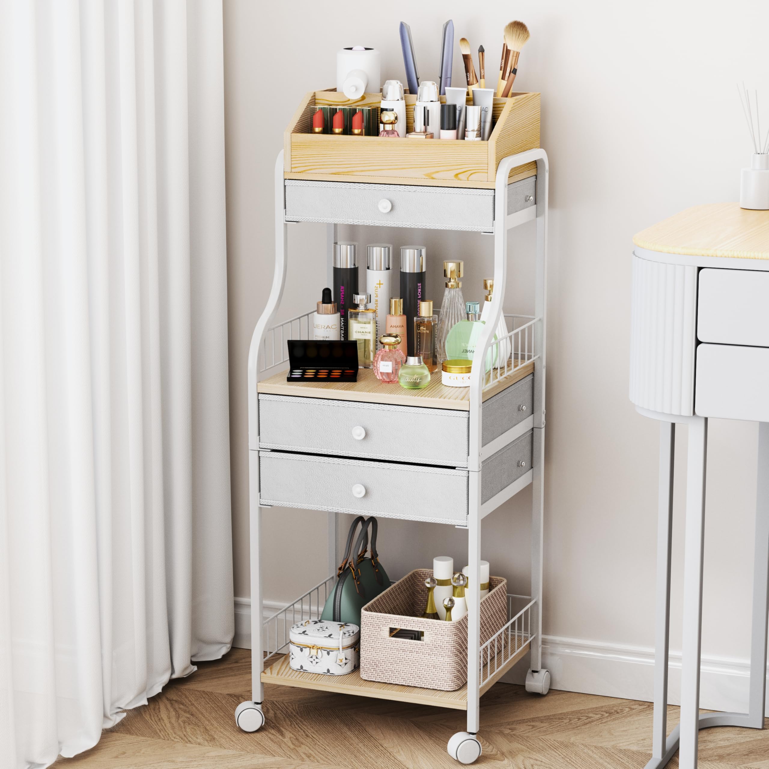 HapiRm Kosmetikwagen mit Rollen Schminktisch Organizer - Vanity Skincare Kosmetik Rollwagen und Aufbewahrung mit Schubladen, Rollwagen Kosmetikstudio für Hautpflege Nagellack Parfüm Make-up-Pinsel