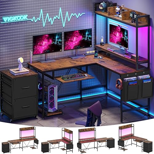 VIGKOOK Escritorio para juegos en forma de L con estantes, escritorios reversibles de oficina en casa de 55 pulgadas con toma de corriente, tira LED