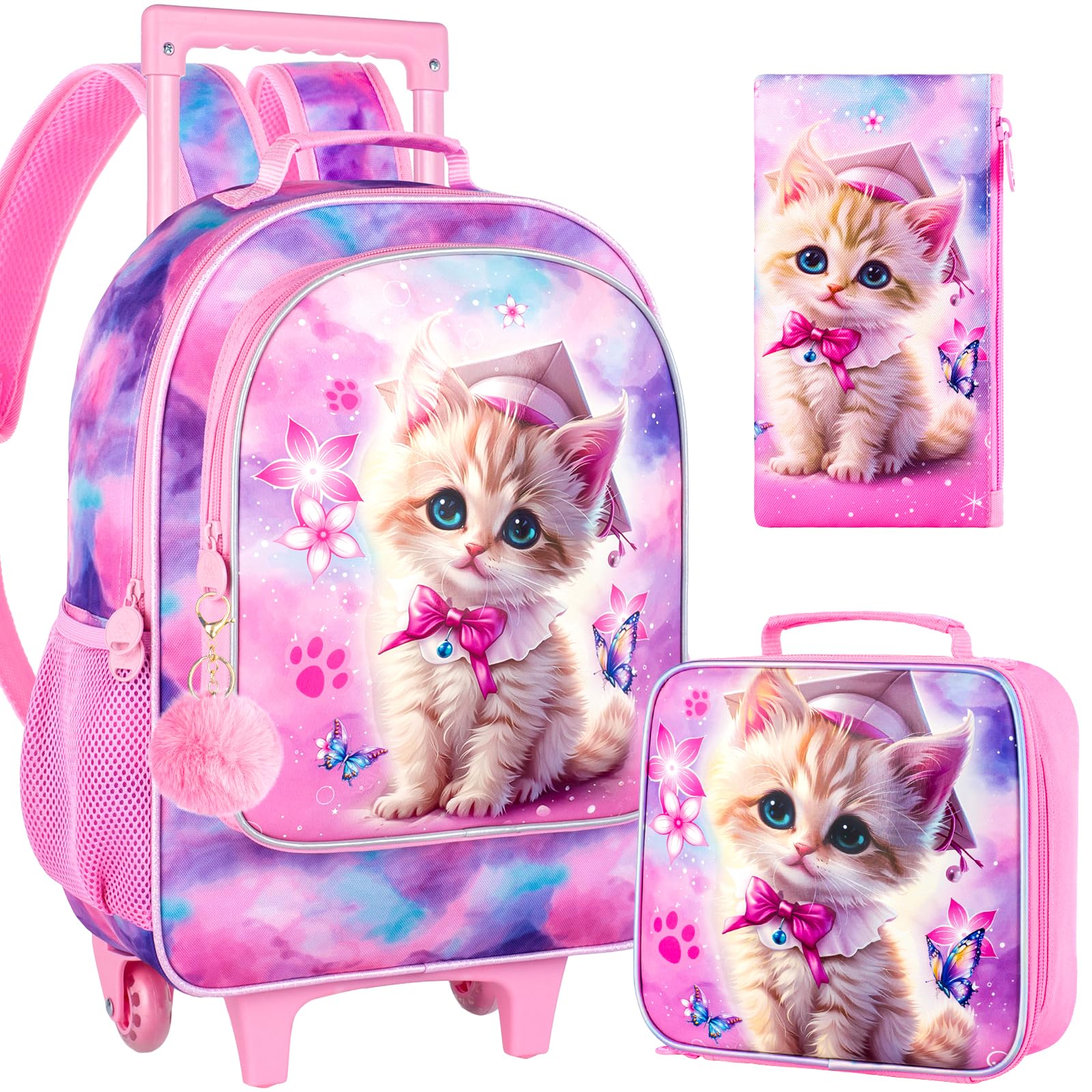 gxtvo Girls Rolling Backpack, Cute Cat Roller Wheels Kids Bookbag - Wheeled Elementary School Bag - 3PCS Cat