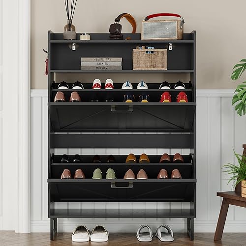 Miniatura 7 de Armario de zapatos con 2 cajones abatibles, organizador estrecho de almacenamiento de zapatos, estante independiente de madera, almacenamiento