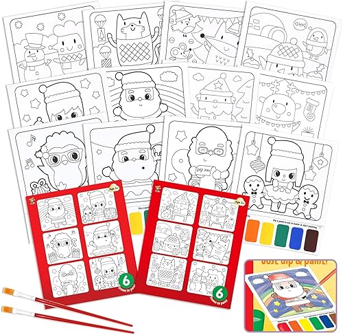VKPI Libros de actividades para colorear al agua, libros de pintura de acuarela de Navidad para niños, 12 hojas de dibujo sin desorden, con 2
