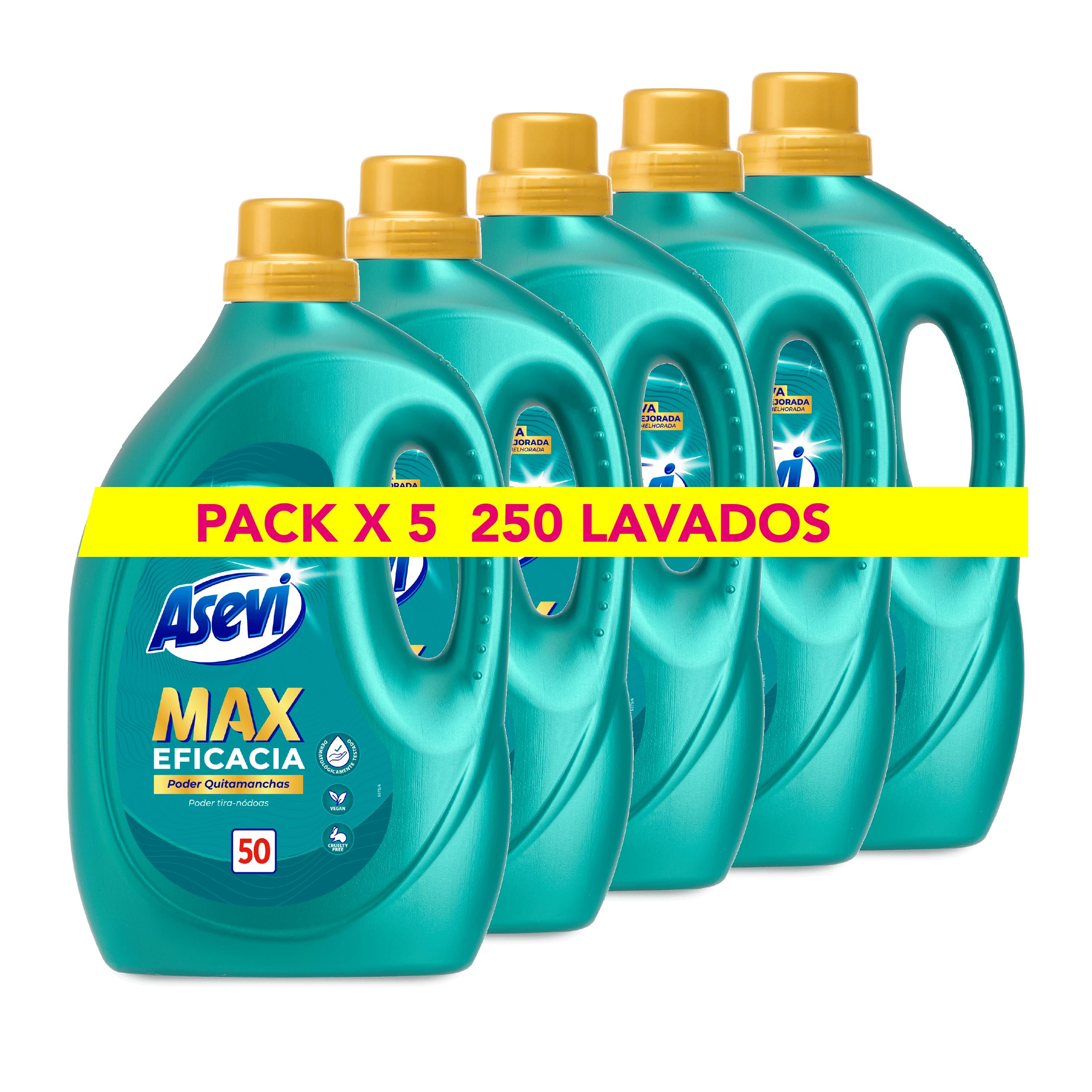 Asevi Detergente Líquido para Lavadora Max Eficacia - Detergente Hipoalergénico Concentrado para Ropa Blanca y de Color - Poder Quitamanchas para una Ropa Limpia y Fresca - Pack 5 x 50 Lavados
