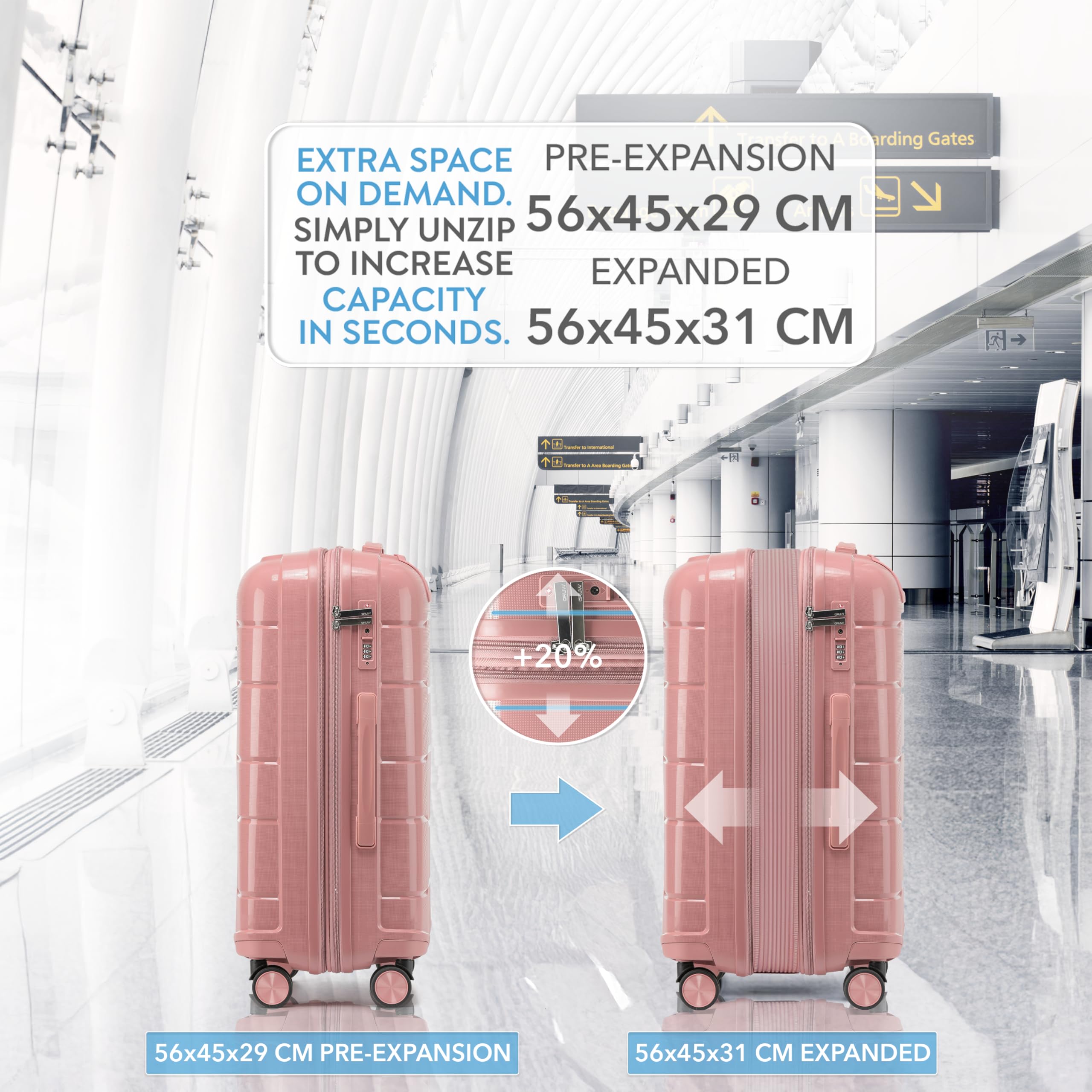 CRUW Medium 24" Checked Luggage 56x45x29cm + Expandable Hold Baggage (64/80 Liters) Polypropylene Suitcase TSA Approved Lock 8 Silent Spinner Wheels Lightweight Suitcases Airline-Approved Travel