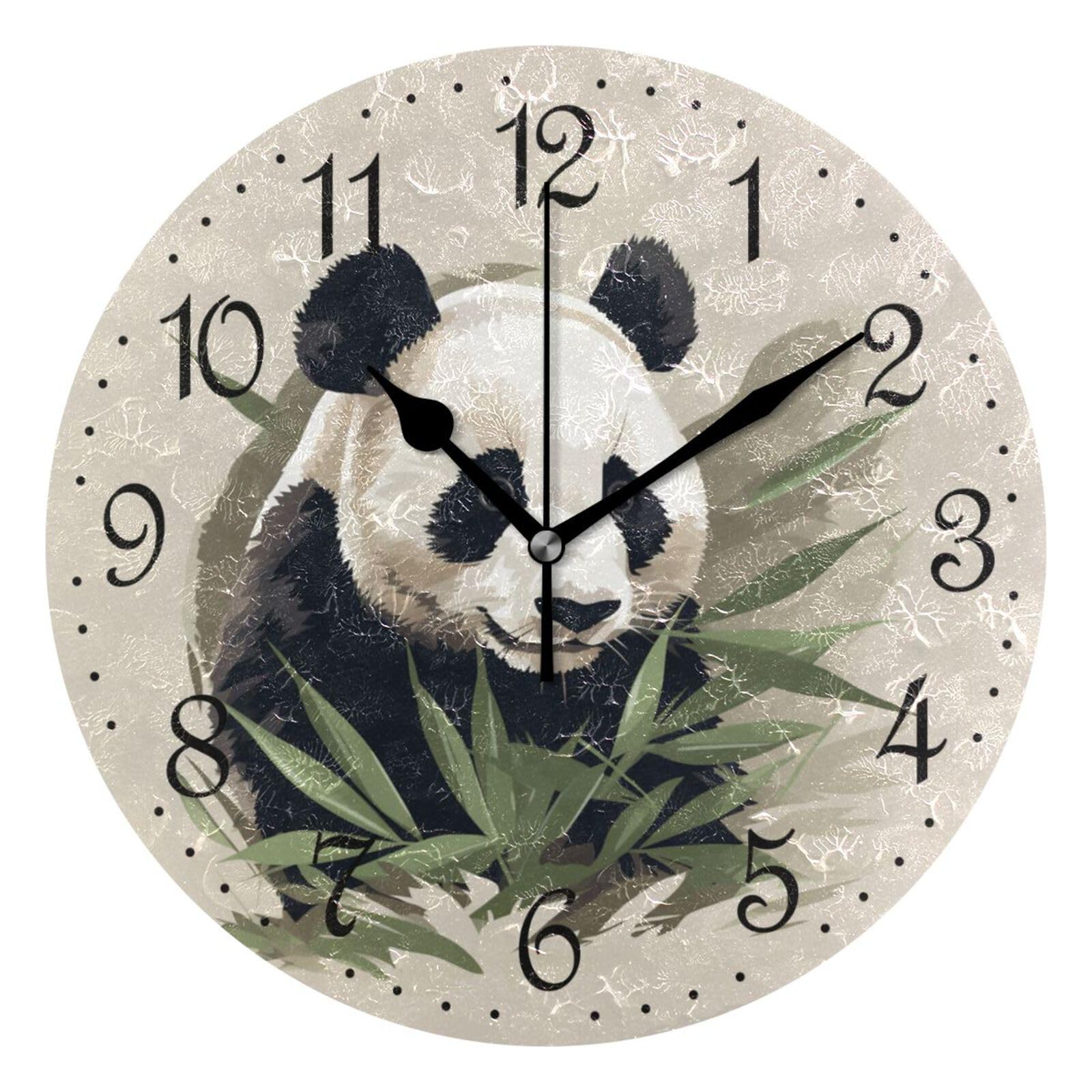 Mnsruu Wall Clock Cute Panda Leaves, Silent Non-Ticking Decorative Wall Clocks Battery Operated 25x25cm