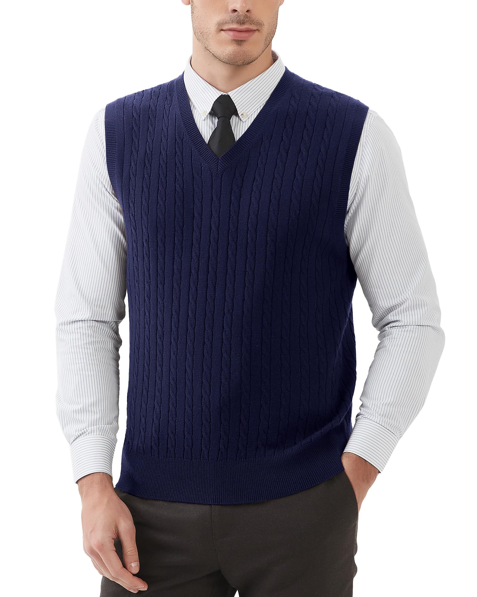 Kallspin Men's Navy Blue ’S Sweater Vest Wool Blend Cable Knit Sleeveless Jumper Casual Pullover Knitwear(, 3XL)
