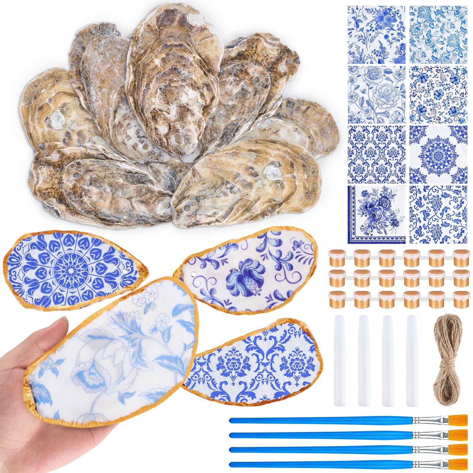 APUDWN 16 Set DIY Oyster Shells for Crafts 4-5 Inch Natural Flat Oyster Shell Kits with Holes Drilled Includes Chinoiserie Floral Decoupage Napkins Paints Twine Brushs for DIY Arts Hanging Ornaments