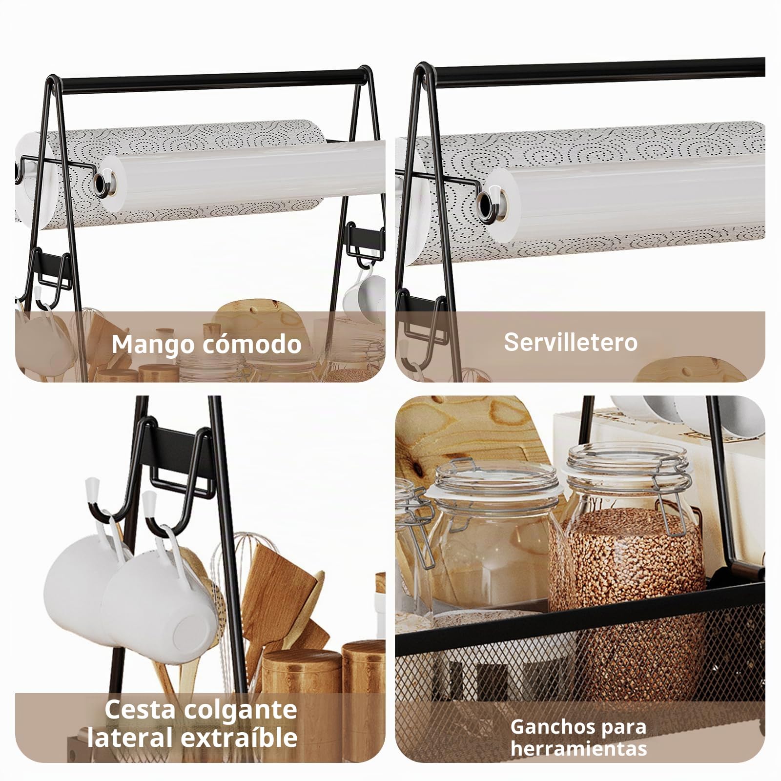 Carrito para barbacoa, recipiente para utensilios de barbacoa, con soporte para toallas de papel y 4 ganchos, organizador de especias para camping, cocina