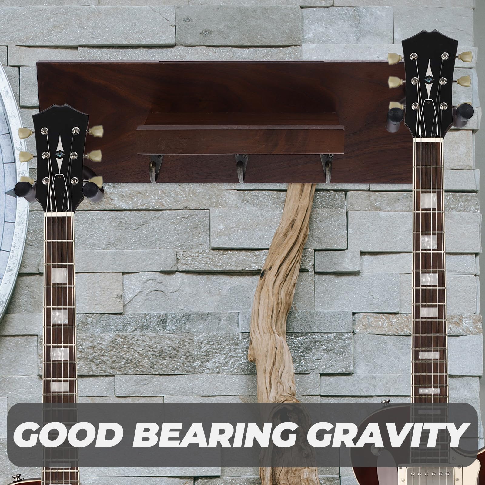 ifundom Supporto per Chitarra da Muro 4 in 1 Gancio per Chitarra Legno e Metallo per 2 Chitarre e Ukulele
