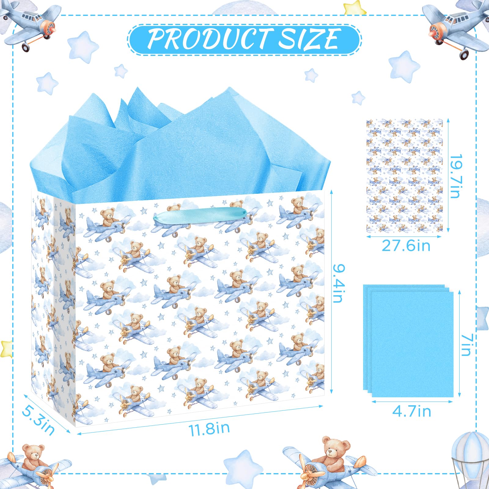 Baby Boy Gift Bag Baby Shower Bags for Boys Kids Blue Bear Wrapping Paper Bag with Handle Tissue Paper and Greeting Card for Kids Birthday Party Decorations Newborn Celebration Favors