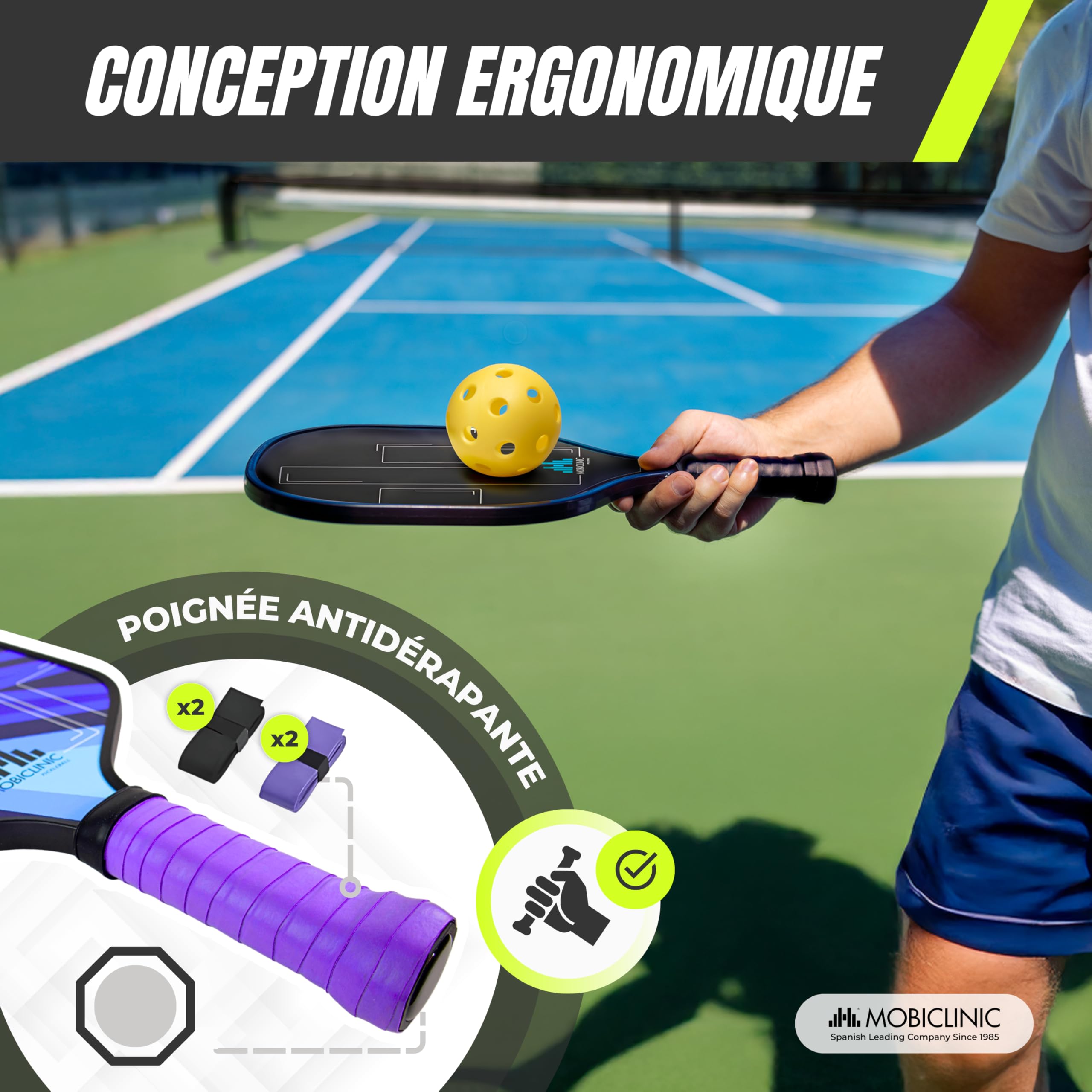 Mobiclinic®, Ensemble de Pickleball, Raquettes en Fibre de Verre, Balles D'intérieur et D'extérieur, Sac de Transport, Noyau en Polypropylène Alvéolé, Grip (4 Raquettes + 8 balles + Filet)