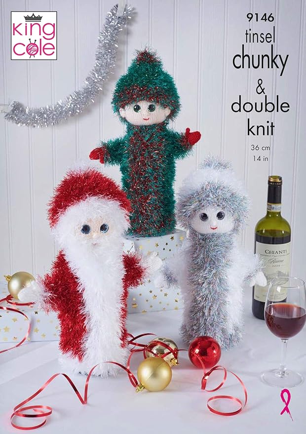 King Cole 9146 Knitting Pattern Christmas Wine Bottle Covers in Tinsel