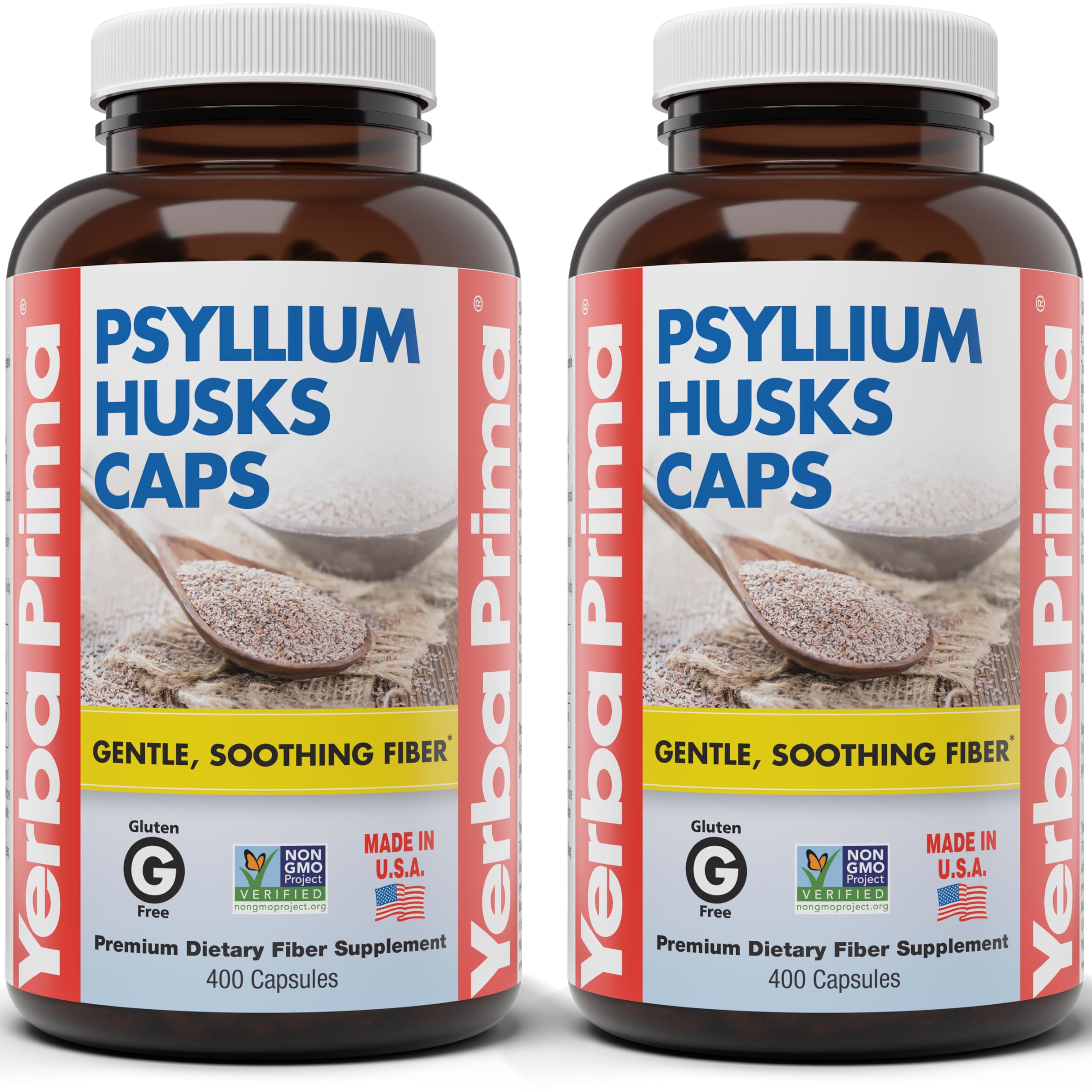 Yerba Prima Psyllium Husks Caps, 625 mg, 400 Capsules (Pack of 2) - Natural Fiber for Men and Women - Regularity Support Supplement