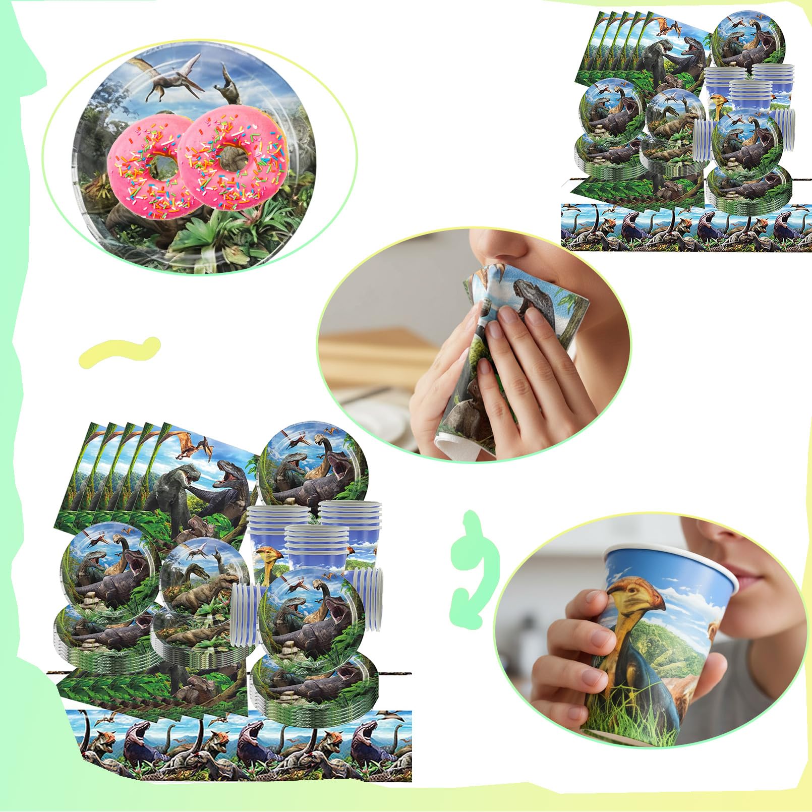 81 Pezzi Dinosauri Stoviglie per Feste di Compleanno，Addobbi Compleanno Dinosauri，Tovaglia，Piatti Carta
