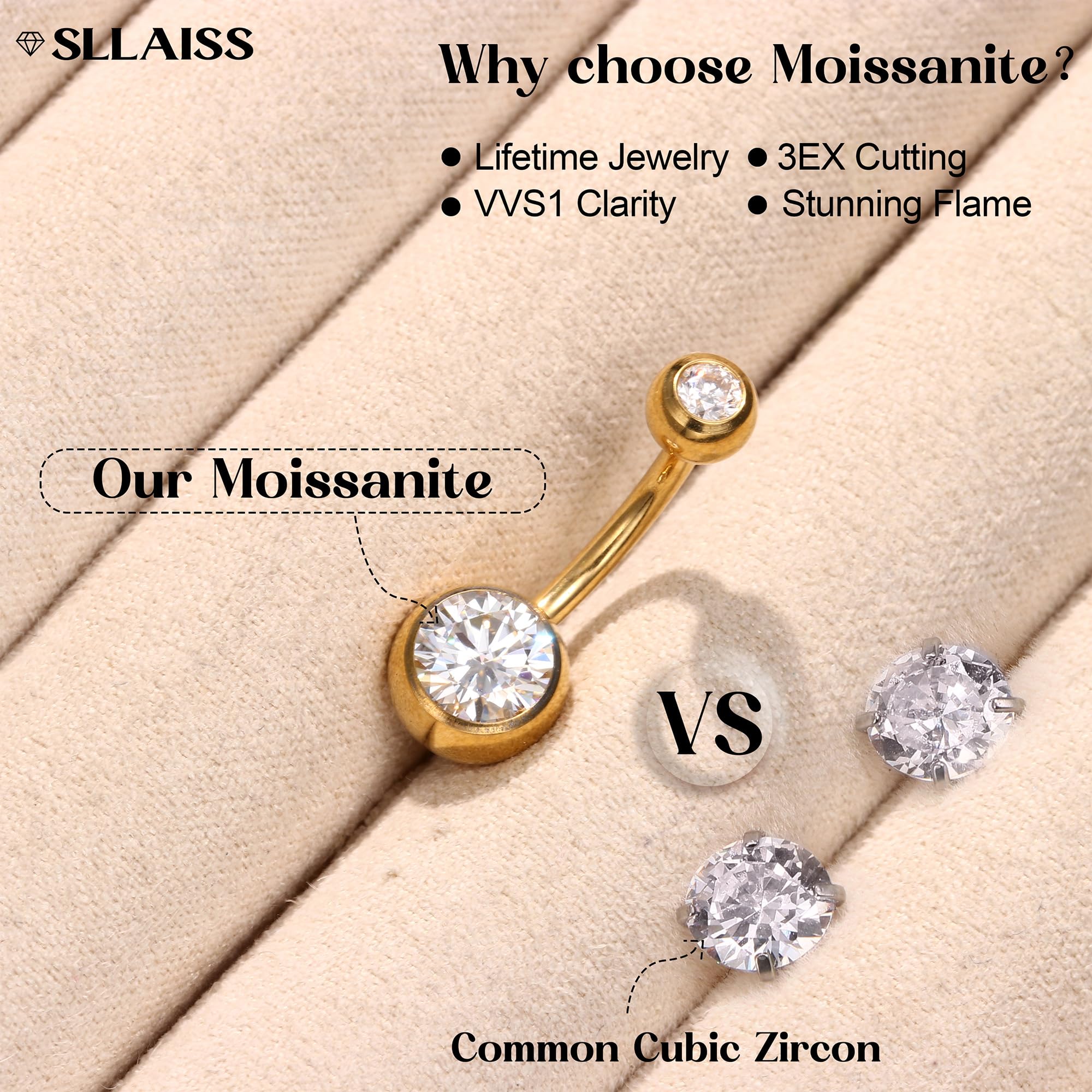 Sllaiss Piercing Ombligo Titanio G23 con Moissanita Brillante Calibre 14G y 10mm Piercings de Ombligo Mujer con Rosca Interna Hipoalergénico Joyería Corporal de Titanio Grado Implante Plata/Oro
