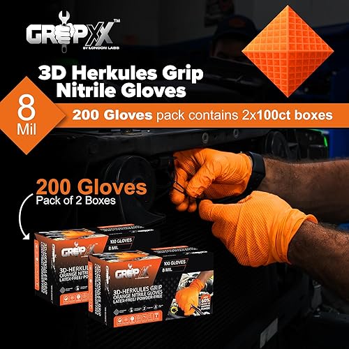 Miniatura 2 de GRIPXX Herkules Grip - Guantes de nitrilo naranja resistentes de 8 mil, textura de diamante elevado 3D, sin látex y polvo, industrial, mecánico