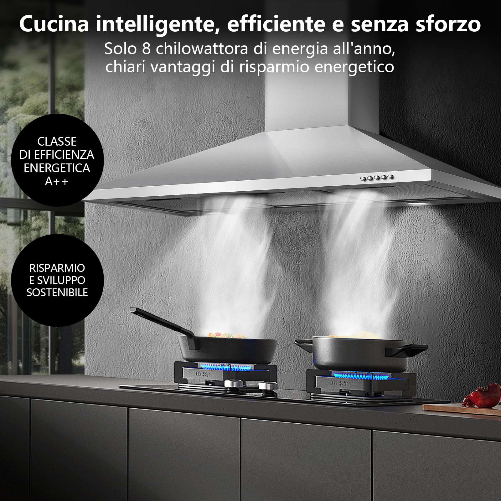 SNDOAS Cappa Aspirante 90cm Classe A++, 350 m³/h Cappa Cucina, Cappa Aspirante in Acciaio Inossidabile, con Filtro a Carbone Attivo, 3 Livelli di Velocità, LED