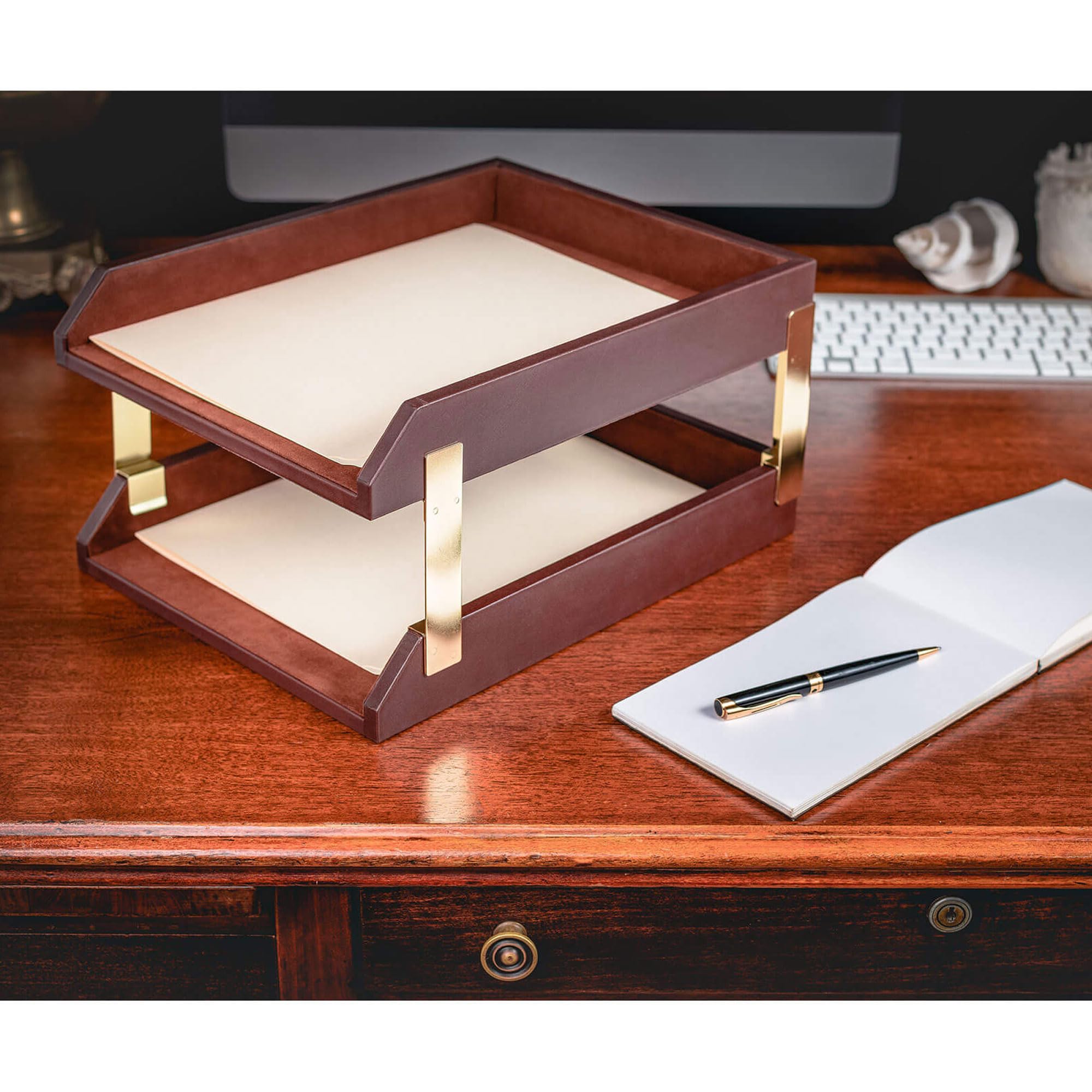 Dacasso Set di accessori da scrivania in pelle marrone cioccolato, 10 pezzi, decorazione da scrivania, 86,4 x 50,8 cm, tappetino in pelle e elementi essenziali per l'organizzazione della scrivania