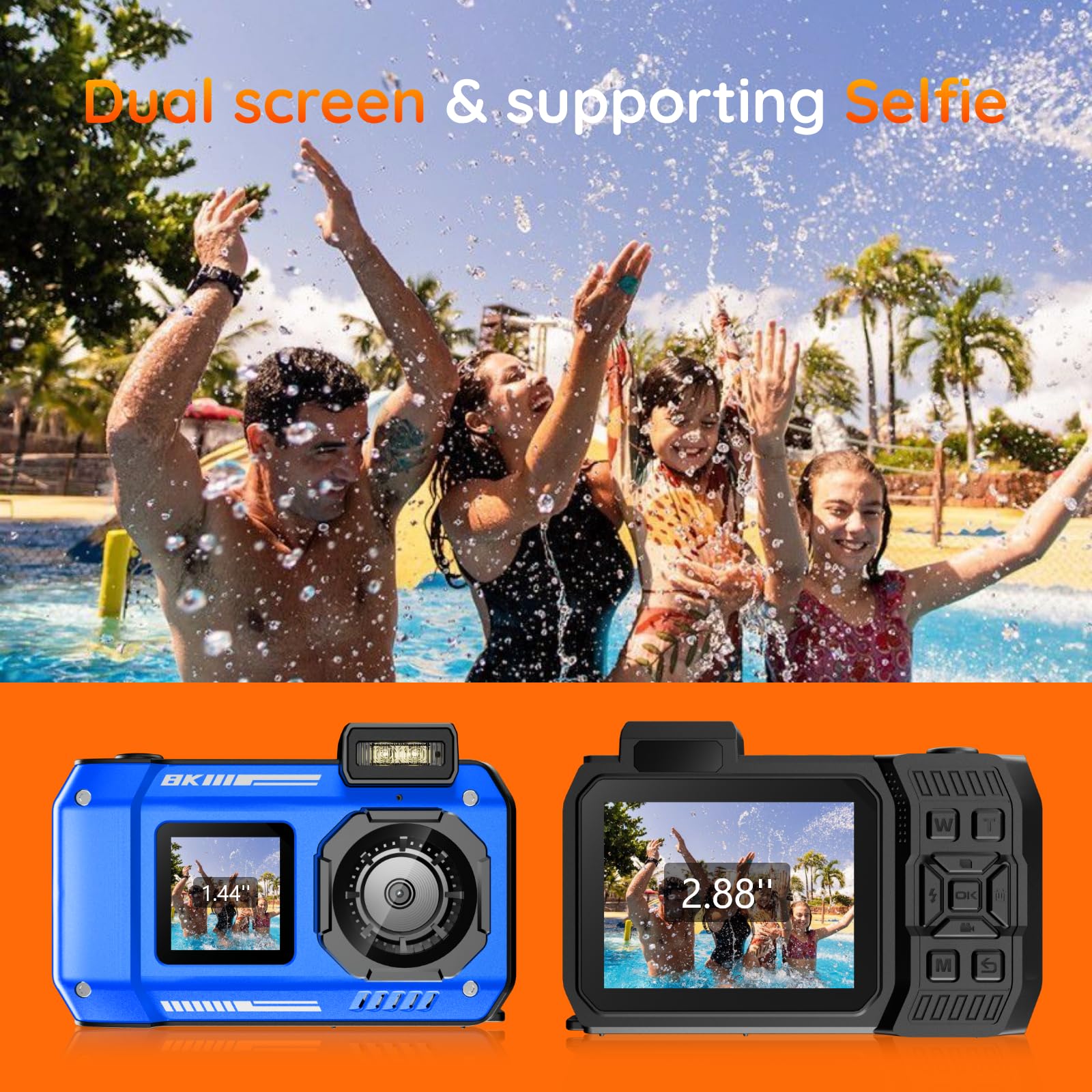 8K 70MP Macchina Fotografica Digitale - MaxMango 33FT Macchina Fotografica Subacquea, 64GB Fotocamera Digitale per Snorkeling, 18X Doppio Schermo Selfie Robusta Antipolvere Antiurto Autofocus