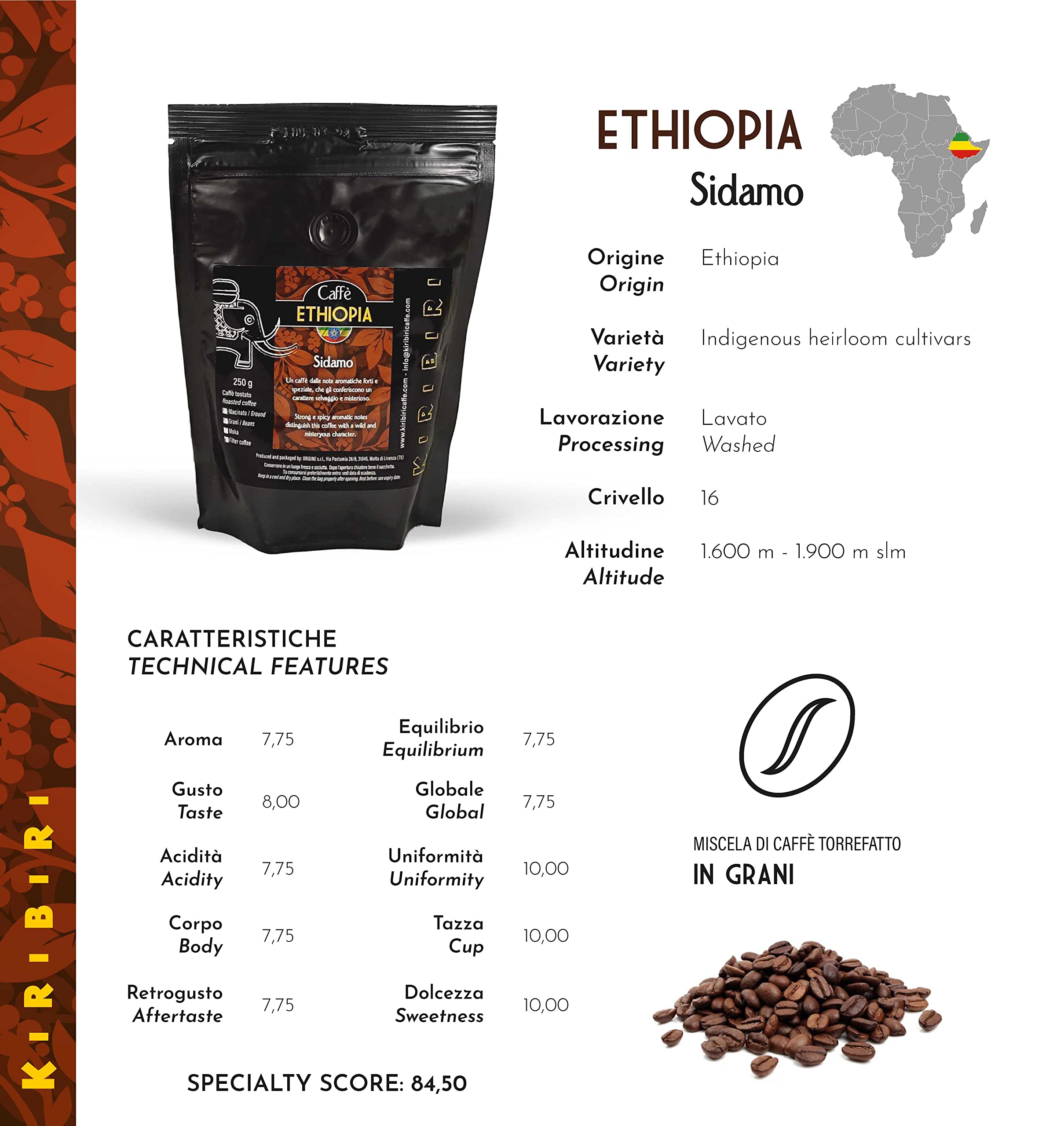 KIRIBIRI Café Especial de Origen 100% Arábica en Grano - Paquete de 4 x 250 g - Orígenes: Colombia, Costa Rica, Perú Orgánico, Etiopía