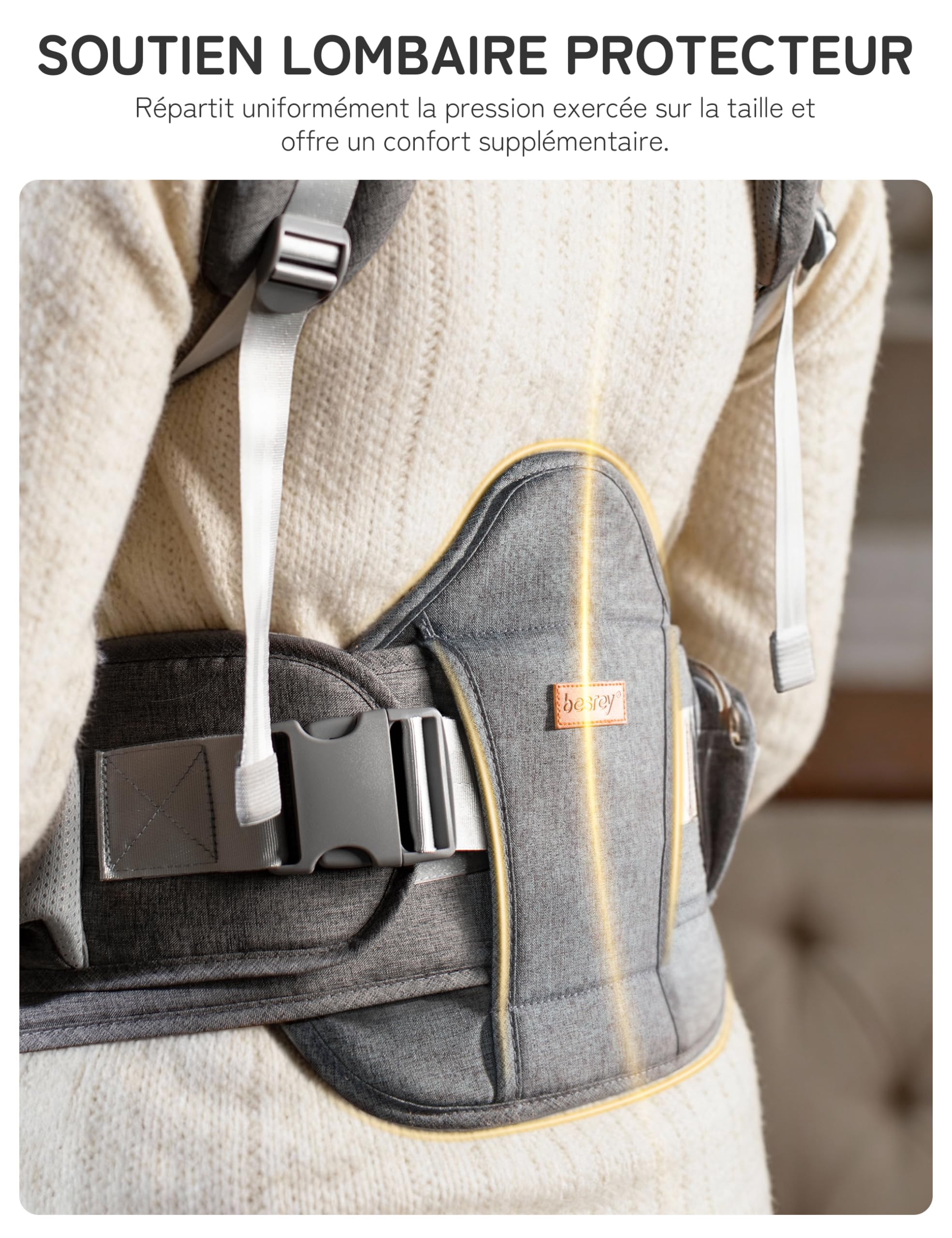 besrey Porte Bebe Physiologique, Porte Bébé avec Siège Hanche | Porte Bebe Hanche 4-36 Mois, 6 Positions, Soutien Lombaire