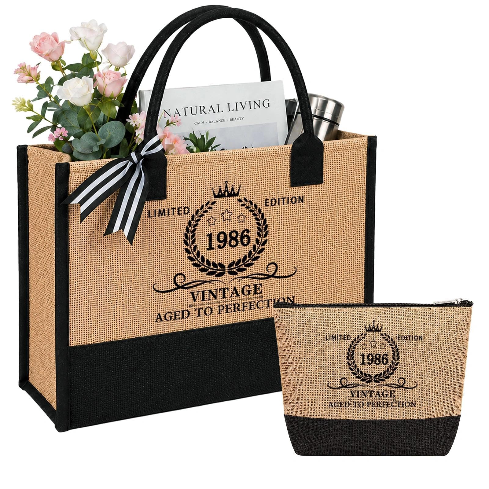 Hiqiku 40th Birthday Gifts for Women, 2PCS Vintage 1986 Jute Tote Bag and Cosmetic-Bag Set, Reusable Shopping Bag, Personalised Birthday Presents for Mum Wife Sister Friend Aunt Her