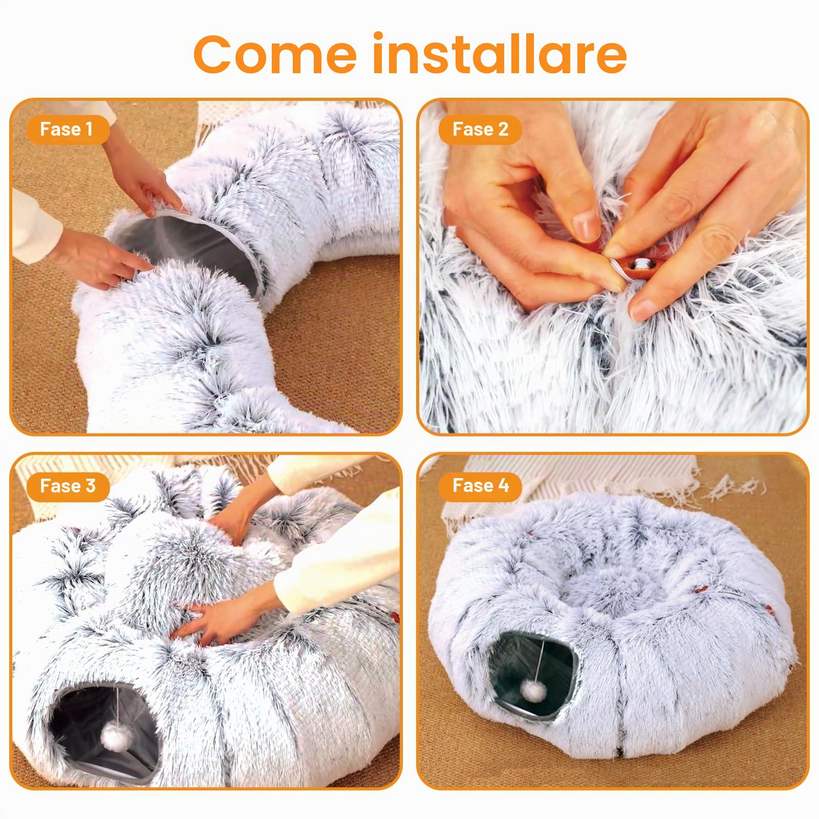 FURRYPAWS Tunnel per Gatti 3-in-1 Regolabile (S/C/Rotondo) - 160cm con Cuccia, Struttura Metallica, 20 Giochi Inclusi, Pieghevole, Ideale per Gatti/Conigli