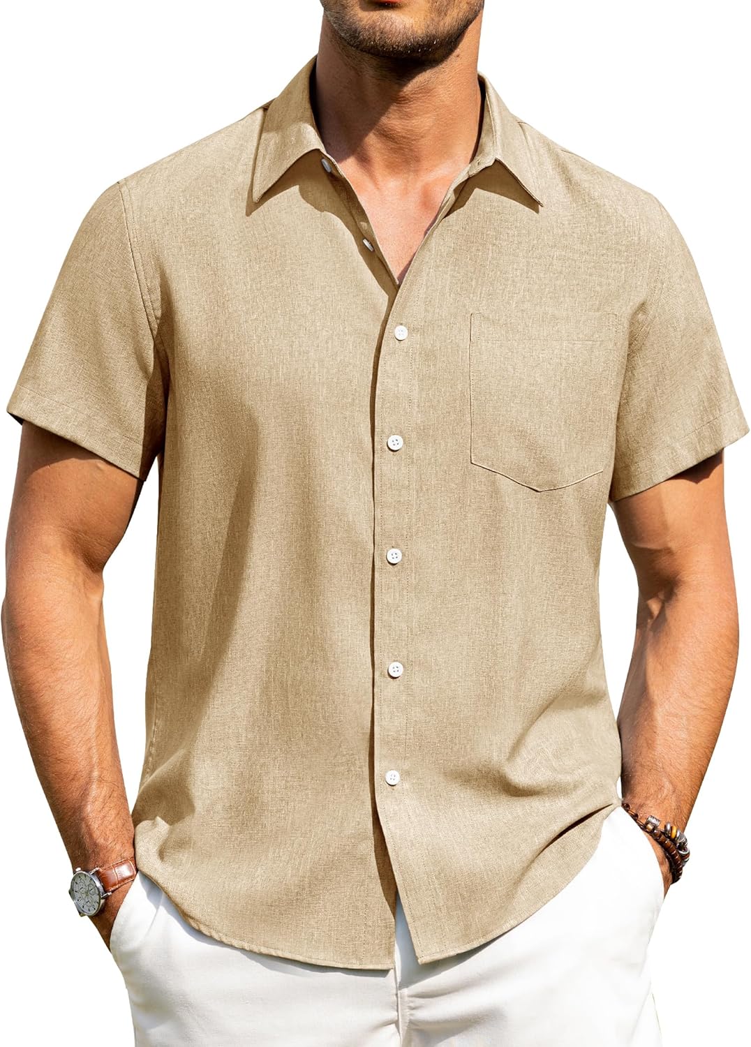 Alimens & Gentle Mens Linen Shirts Short Sleeve Button Down Shirts Wrinkle Free Casual Vacation Beach Summer Tops
