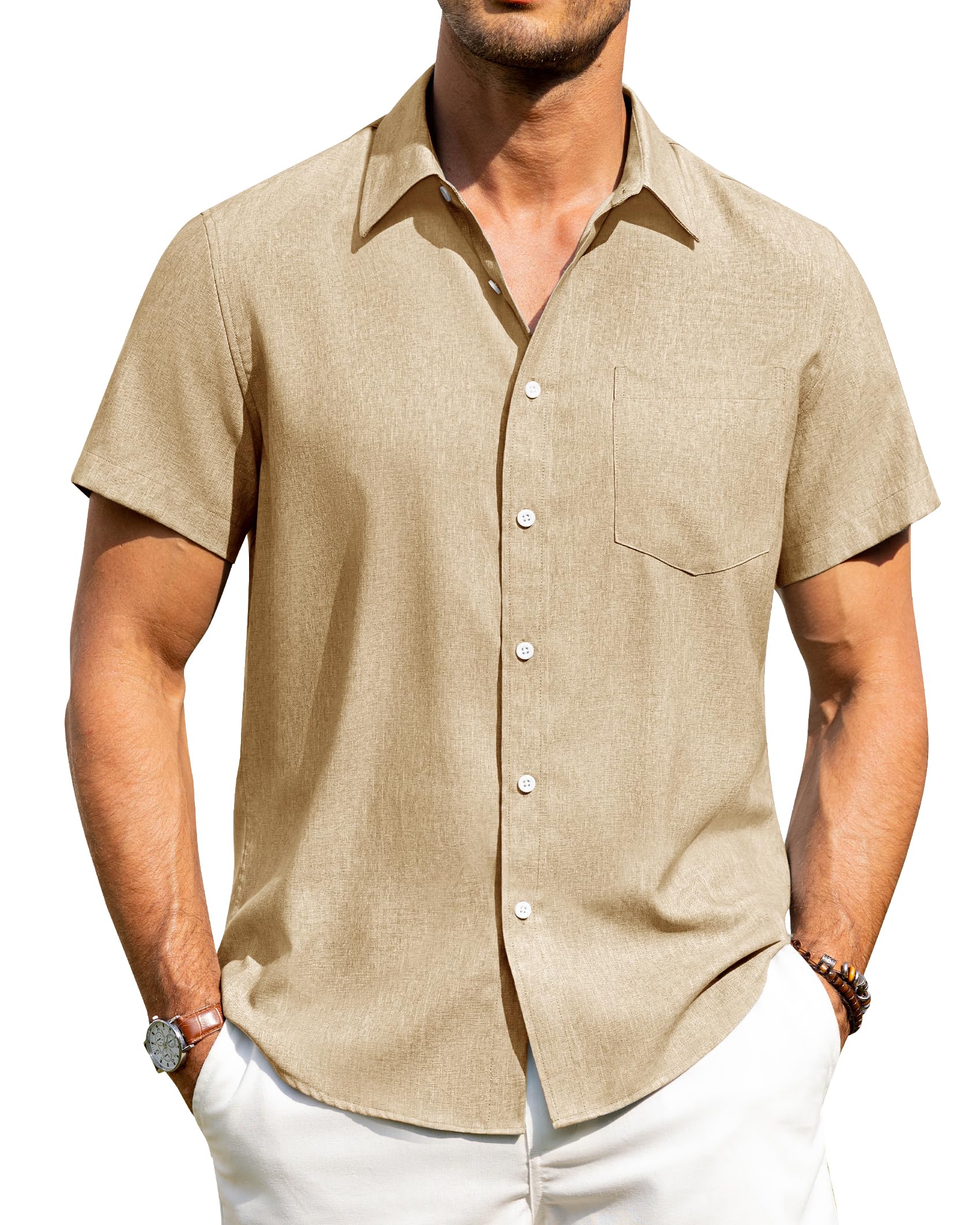 Alimens & Gentle Mens Linen Shirts Short Sleeve Button Down Shirts Wrinkle Free Casual Vacation Beach Summer Tops