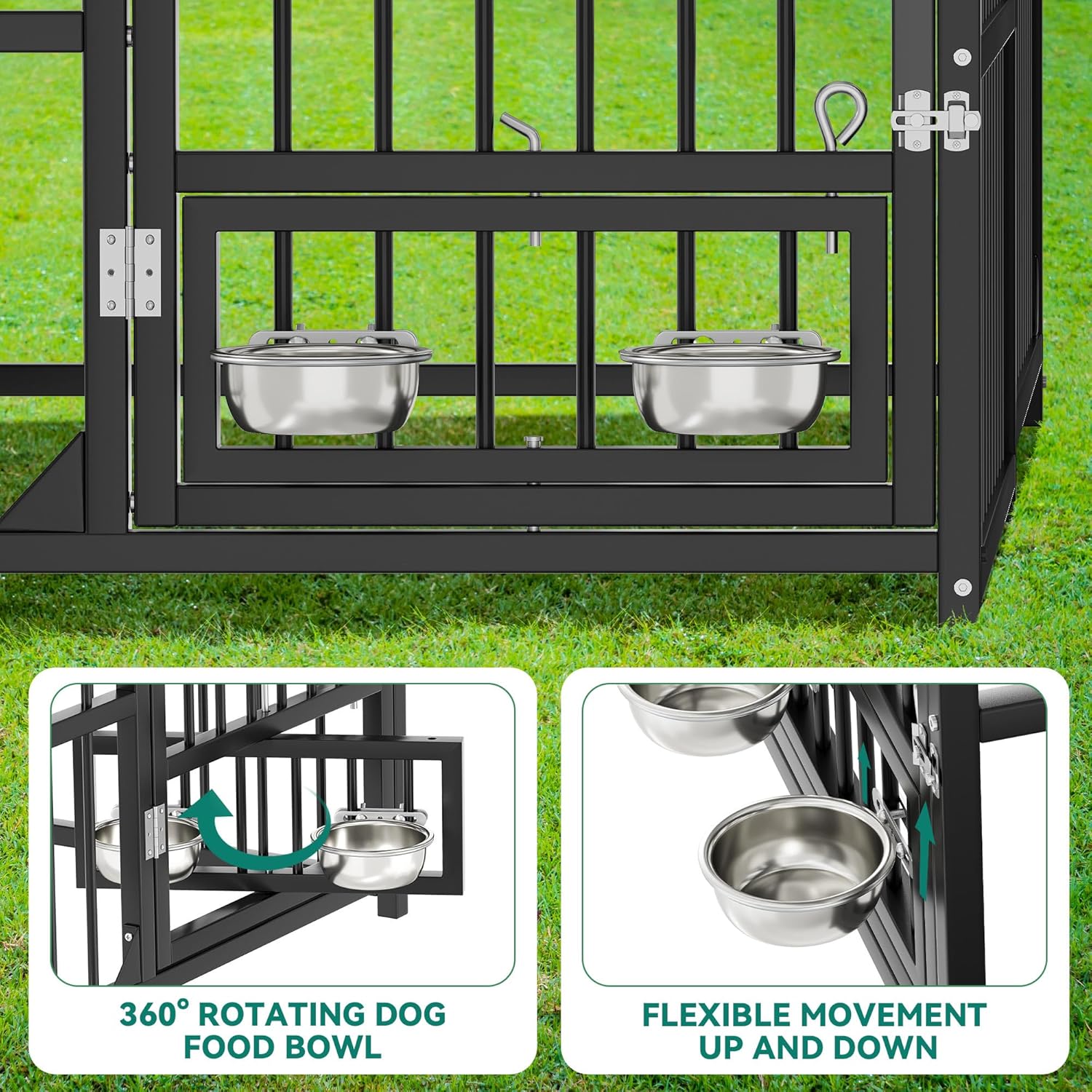 Close-up of the rotating feeder bowls on the kennel