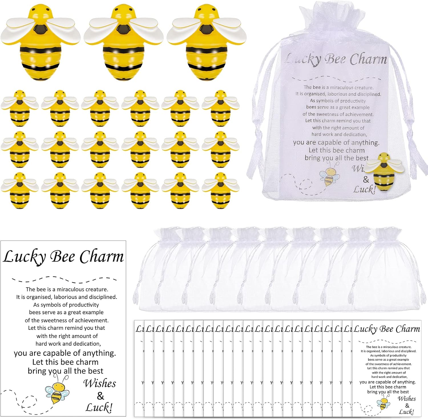 Roowest 24 Sets Bee Good Luck Charm Gifts with Inspirational Story Cards and Organza Bags, Small Resin Bee Decor Pocket Favors for Teacher Appreciation Coworkers Employees Friends Holiday Party