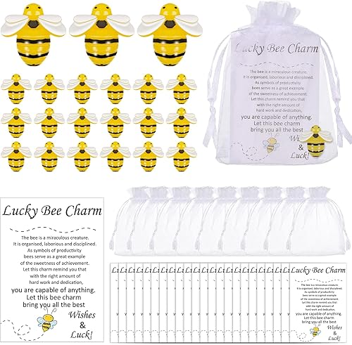 Roowest 24 juegos de dijes de abeja de buena suerte con tarjetas inspiradoras de historia y bolsas de organza, pequeños recuerdos de bolsillo para
