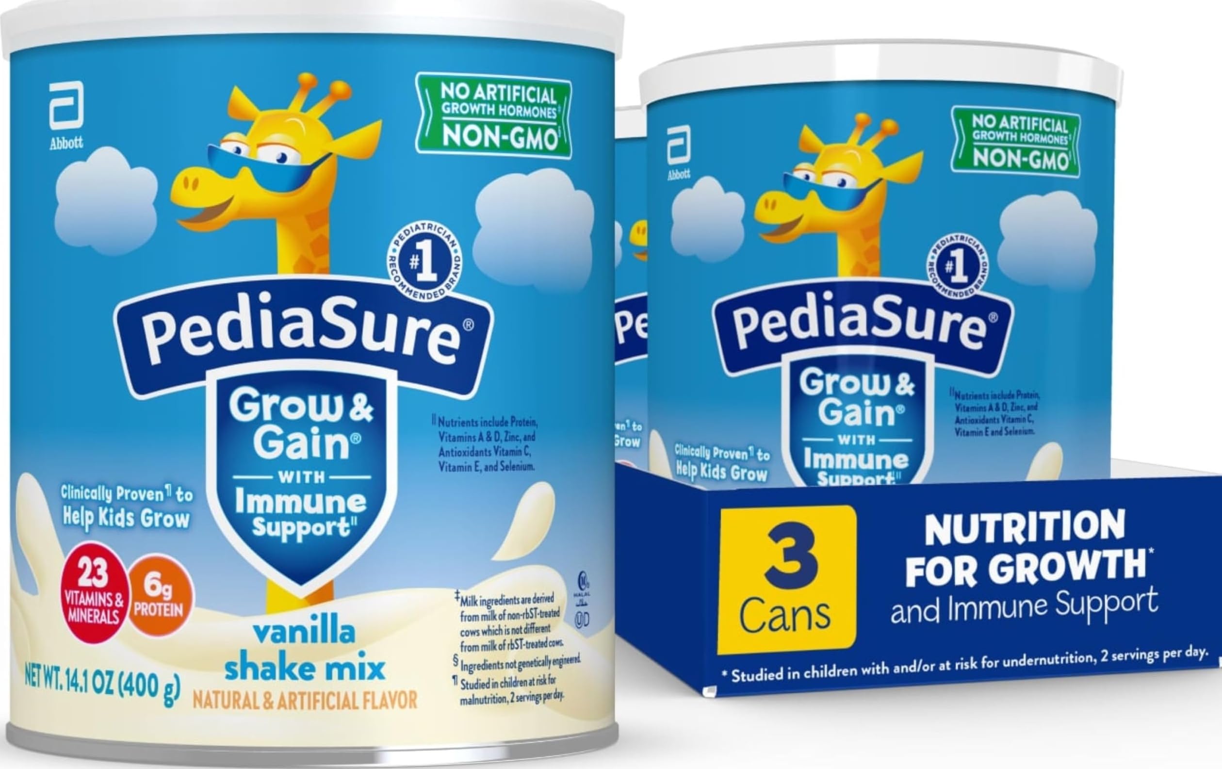 PediaSure Grow & Gain Shake Mix, 6g Protein, Vanilla, 14.1 oz Can, 3pk