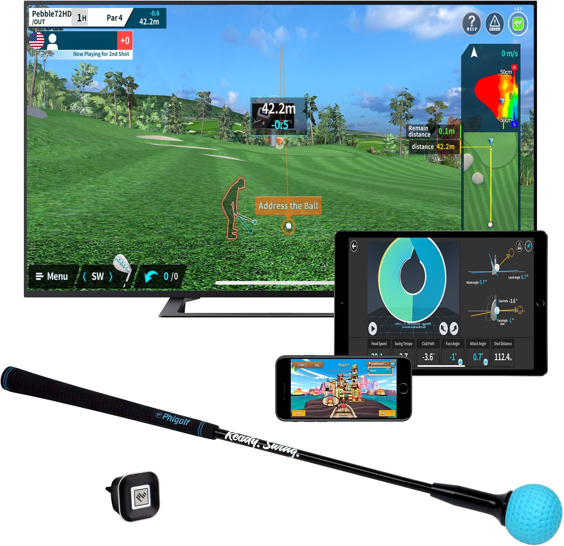 PHIGOLF Home Golf Simulator, Enjoy Interactive Golf with Smart Motion Sensor and Swing Stick for Indoor and Outdoor Fun - Compatible with Android, iOS, App, E6 Connect