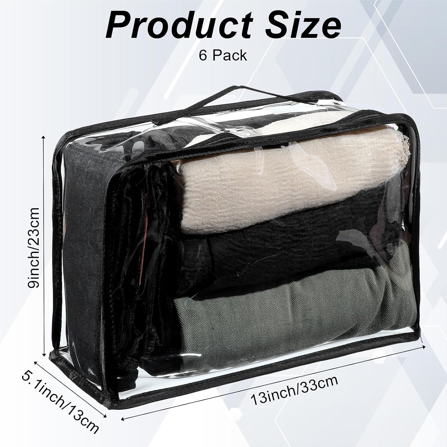 6 Pieces Large Clear Travel Packing Cube Clear Vinyl Zippered Storage Bags See Through Moving Bag PVC Multipurpose Pouch with Handle for Suitcase Shirts Dress Storage (Black, 13 x 9 x 5.1 Inch)