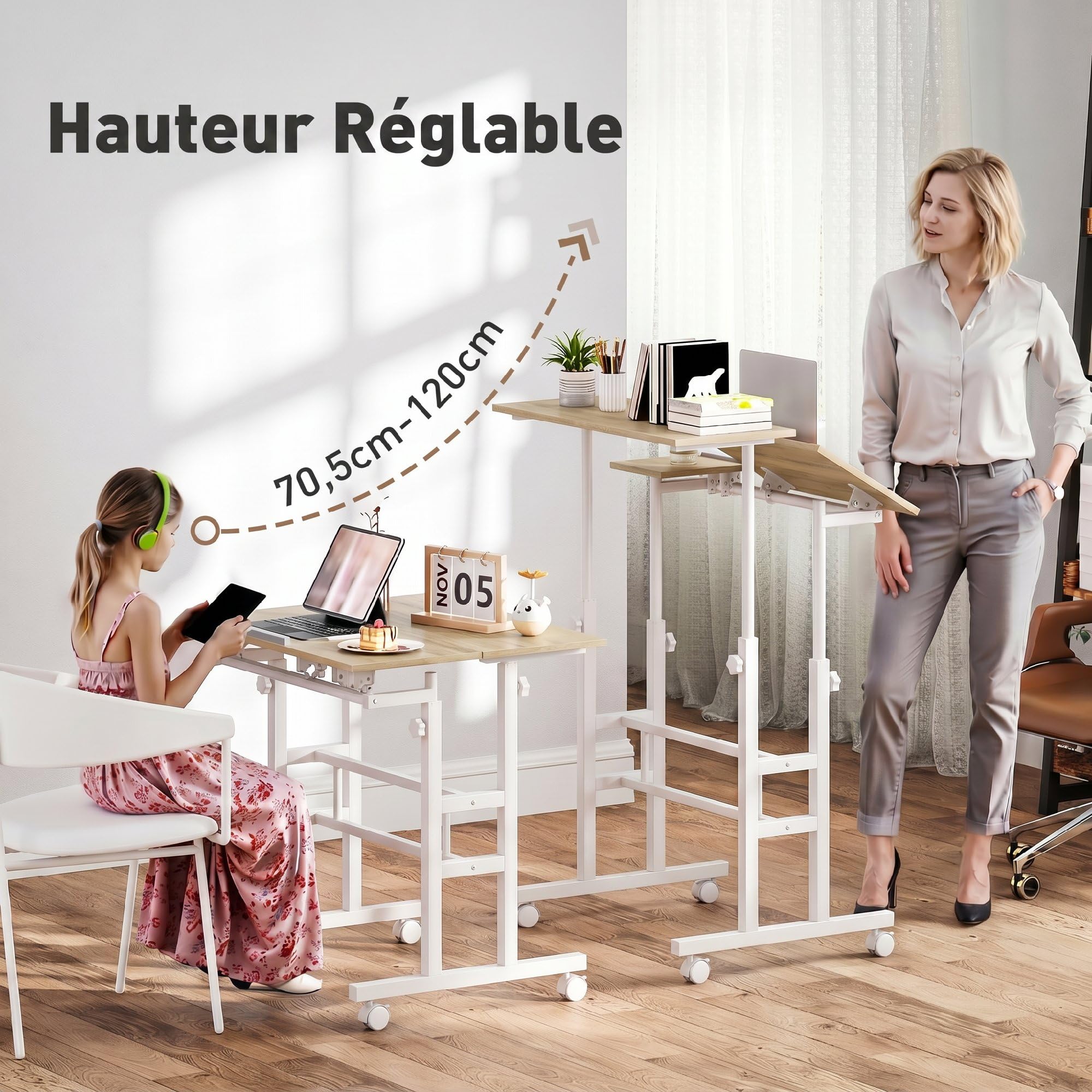 HOMCOM Scrivania sit-stand regolabile in altezza 70x60cm Bianco | Scrivania per computer su ruote, vassoio inclinabile, postazione di lavoro per camera da letto, piccoli spazi