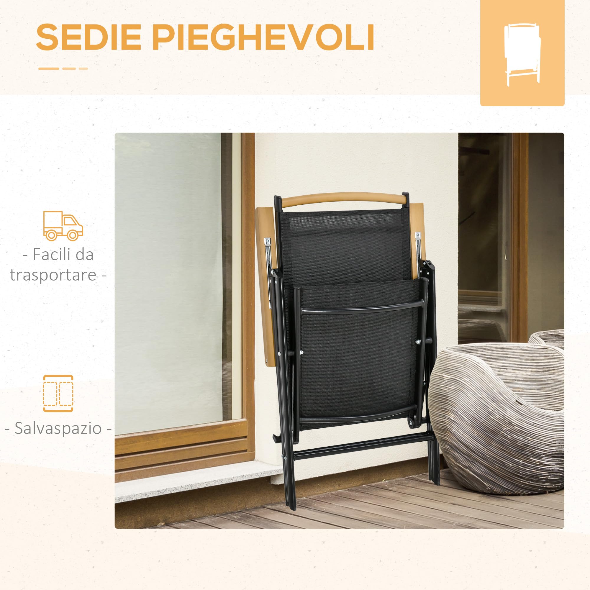 Outsunny Set Tavolo da Giardino 7 Pezzi, Sedie Pieghevoli Regolabili Alluminio Textilene Nero