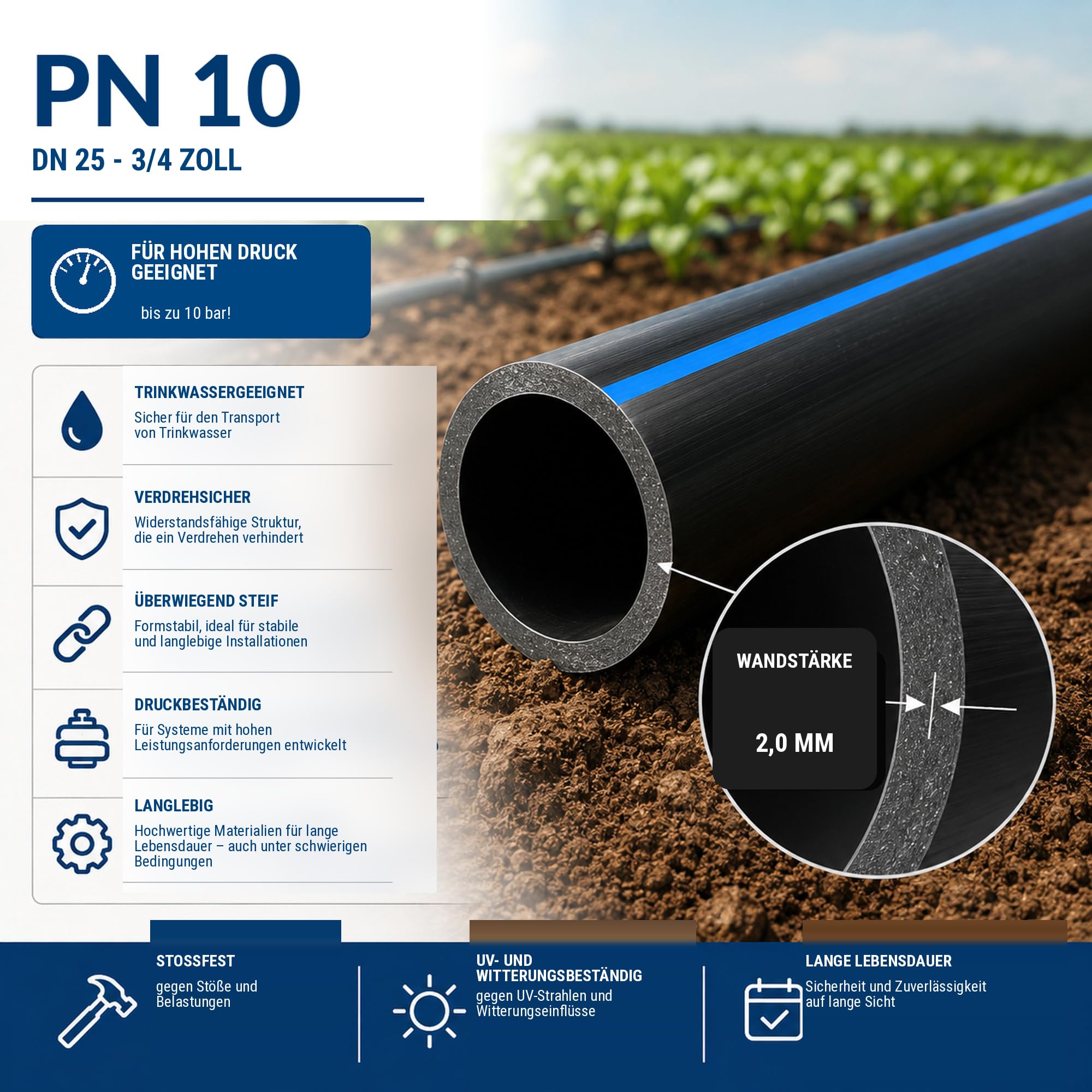 ESTO Bewässerungsschlauch 10 PN 50 oder 100 Meter Durchmesser 20 25 32, Gartenschlauch aus Polyethylen mit hoher Dichte, Bewässerung mit hohem Druck, für Gemüsegarten, Garten, Bewässerungsschlauch (25