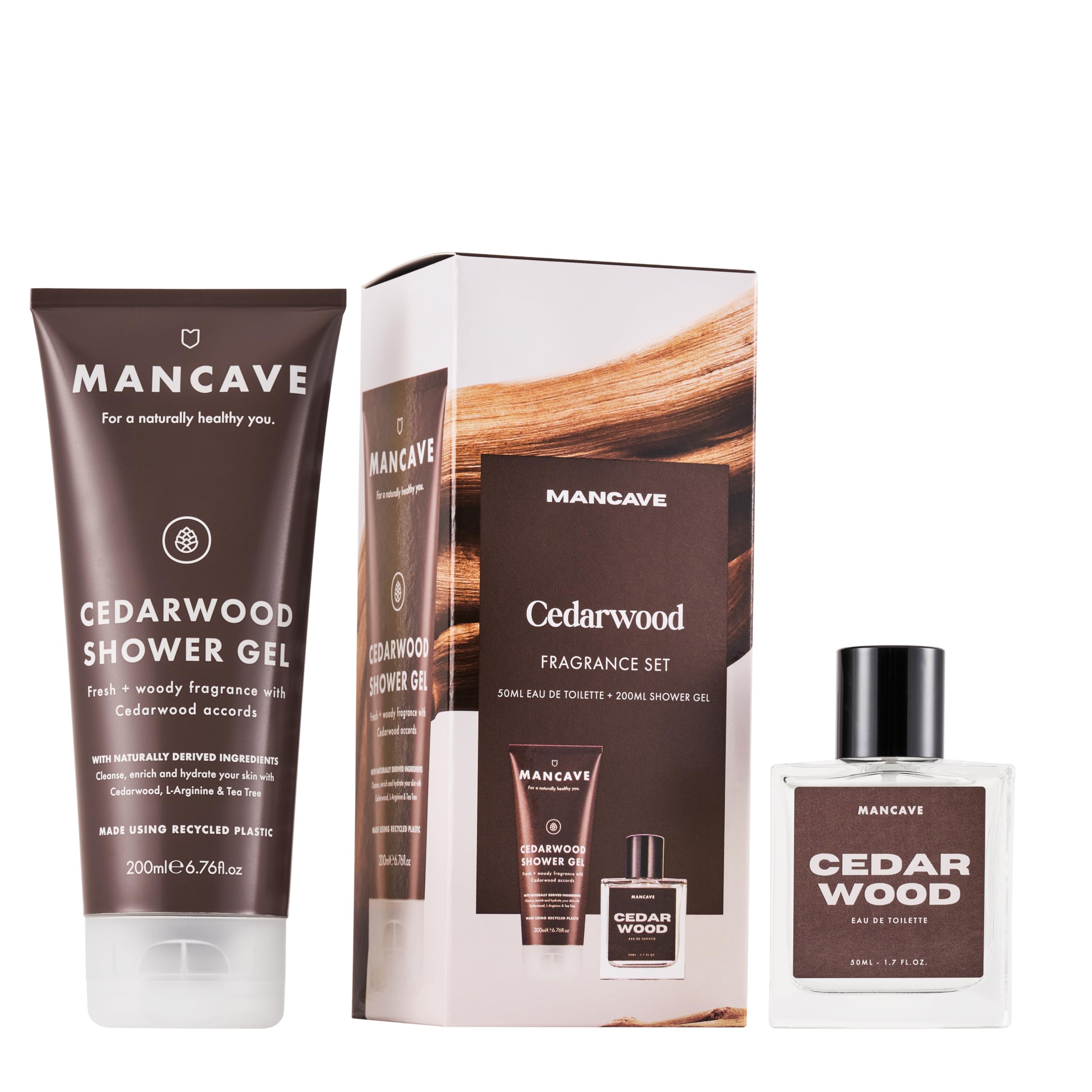 ManCave Cedarwood Mens Fragrance Gift Set, 50ml Eau de Toilette, 200ml Shower Gel, Natural Ingredients, Perfume Set, Fragrance for Men