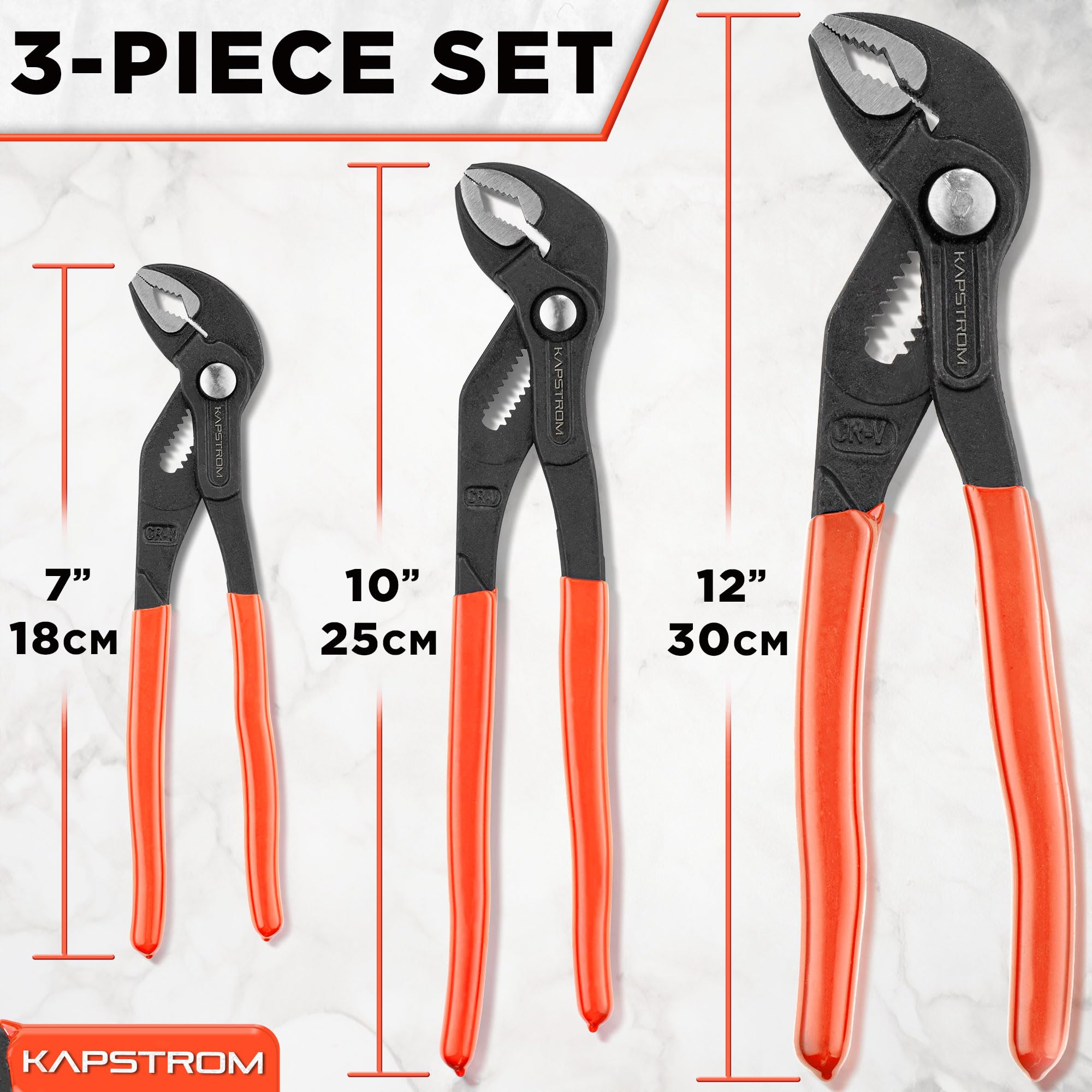 KapStrom 3-Pc Water Pump Pliers Set (7", 10", 12"), Non-Slip Plumbers Wrench w/Adjustable Jaws - Image 2
