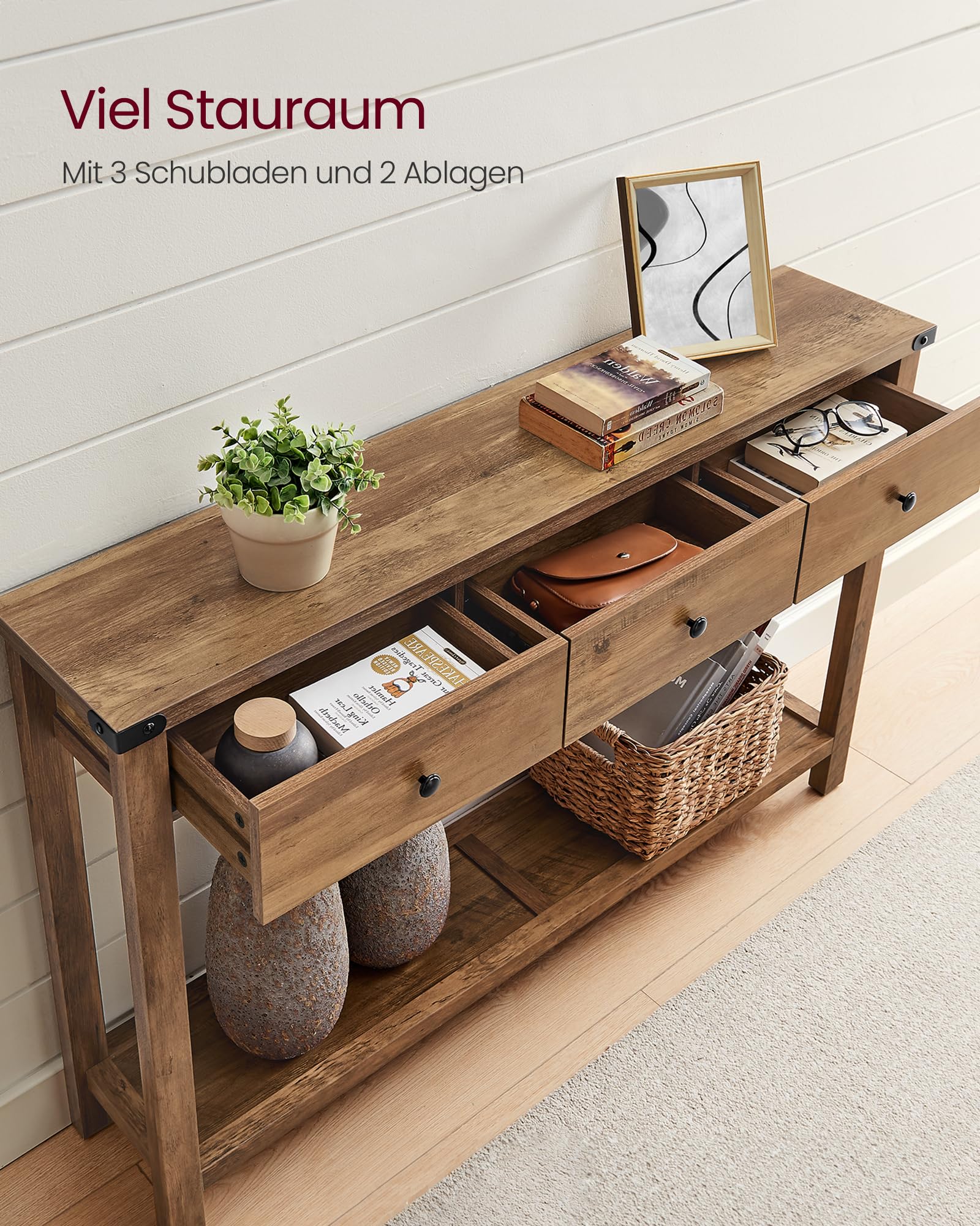VASAGLE LIRY Kollektion - Konsolentisch, Beistelltisch, schmaler Sofatisch, mit 3 Schubladen und Einer Ablage, für Flur, Wohnzimmer, Landhausstil, honigbraun LNT142KB01