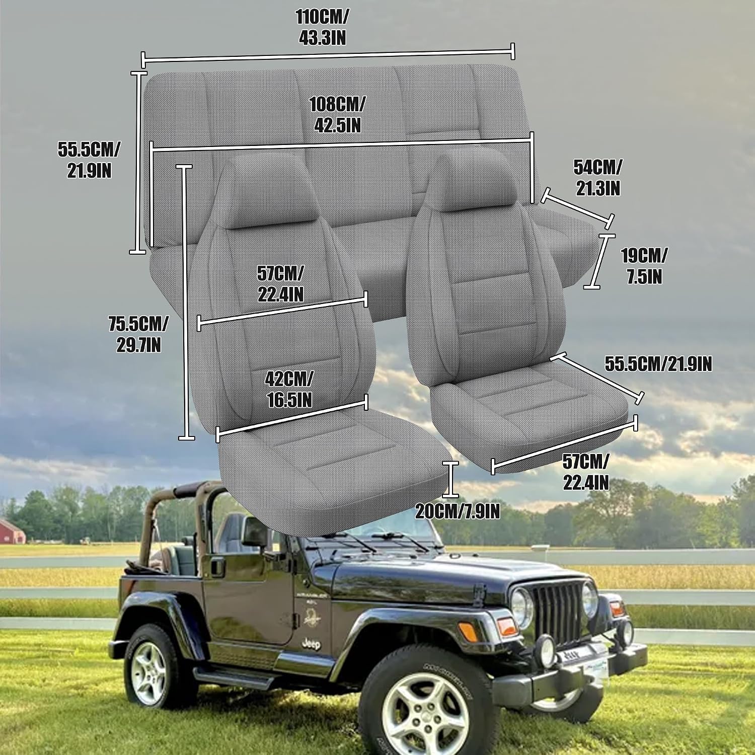 Custom Seat Covers for Jeep Wrangler TJ 1997 1998 1999 2000 2001 2002 Heavy Duty Cloth Protector Interior Accessories，Waterproof & Machine Washable, Foam Padded - Gray（Front & Rear）