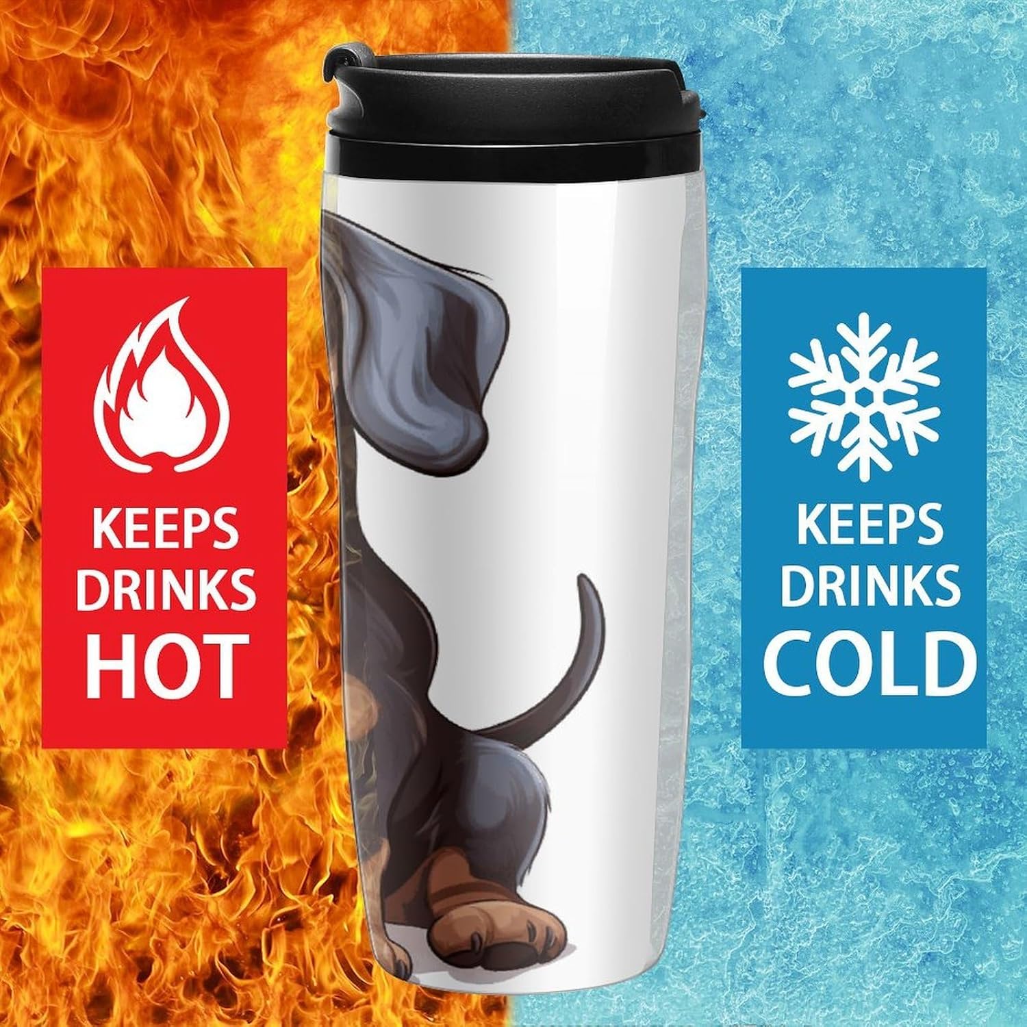 Cute Dachshund Coffee Cup Reusable Portable Water Bottle with Double-Walled Plastic,Coffee Mug for Hot & Cold Drinks, Cup Holder Friendly 350ml